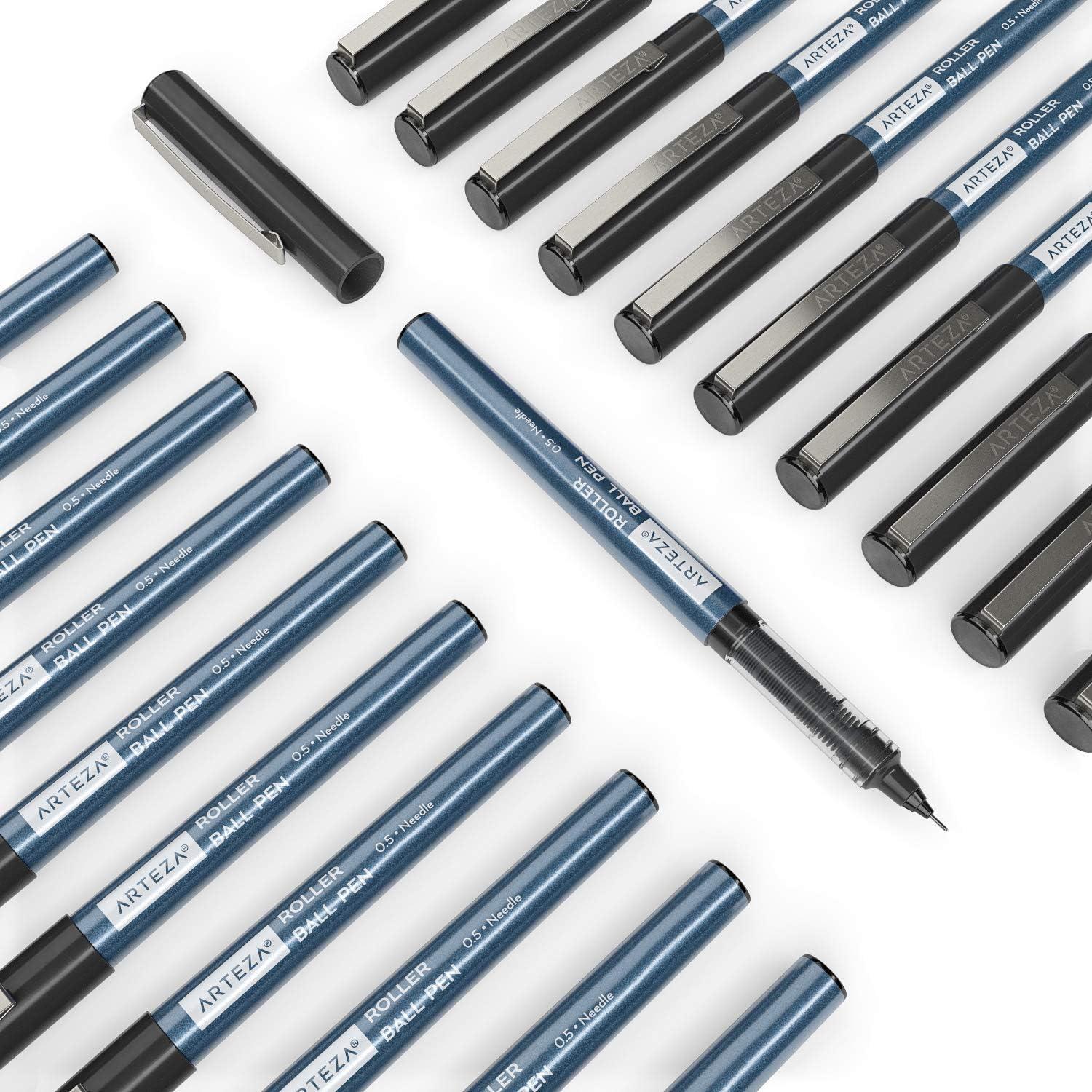 ARTEZA Rollerball Pens Fine Point, Set of 20 Blue Liquid Ink, Extra Fine 0.5 mm Needle Tip Pen, Make Precise Lines, Office Supplies for Writing, Notetaking, and Drawing(Black)