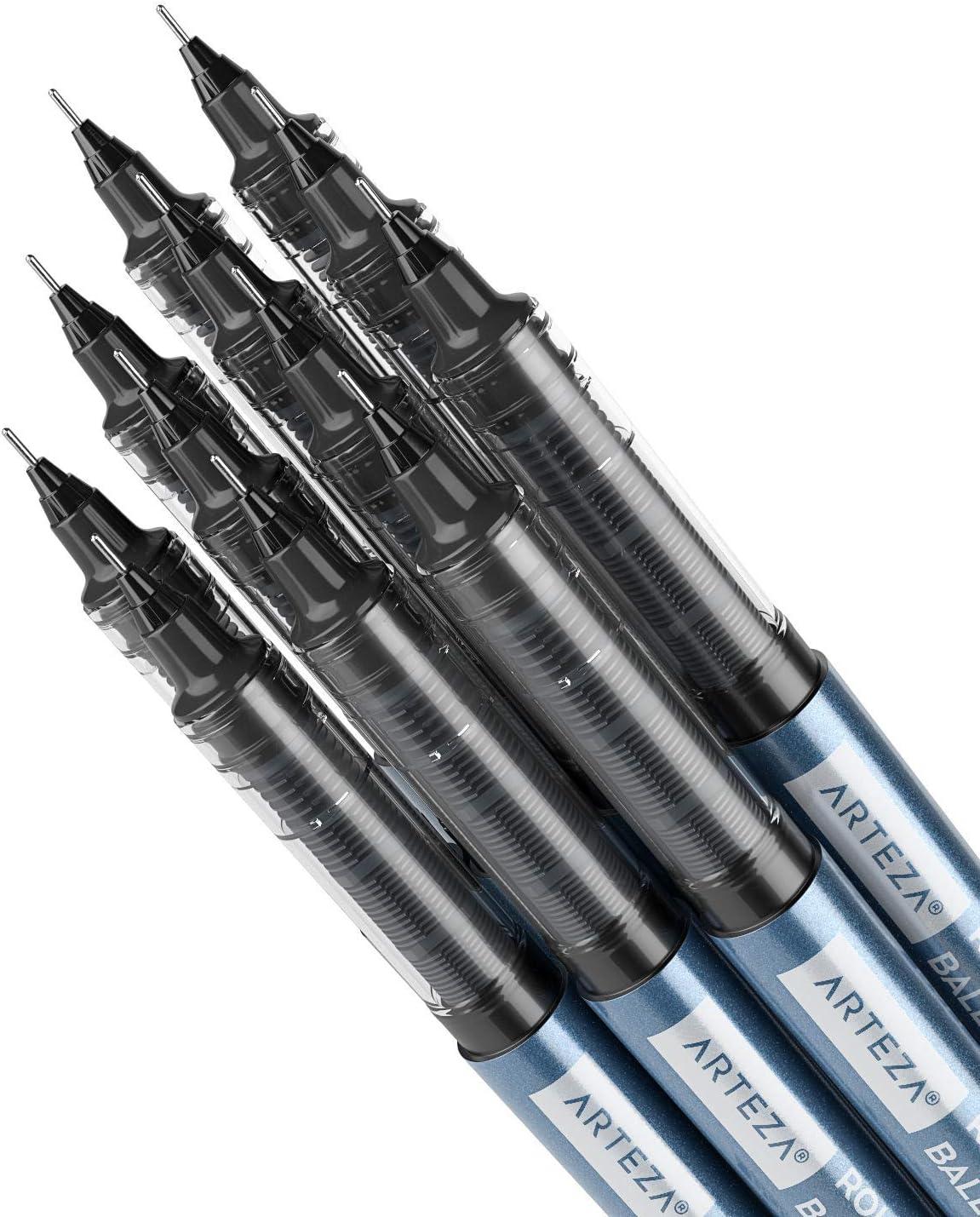 ARTEZA Rollerball Pens Fine Point, Set of 20 Blue Liquid Ink, Extra Fine 0.5 mm Needle Tip Pen, Make Precise Lines, Office Supplies for Writing, Notetaking, and Drawing(Black)