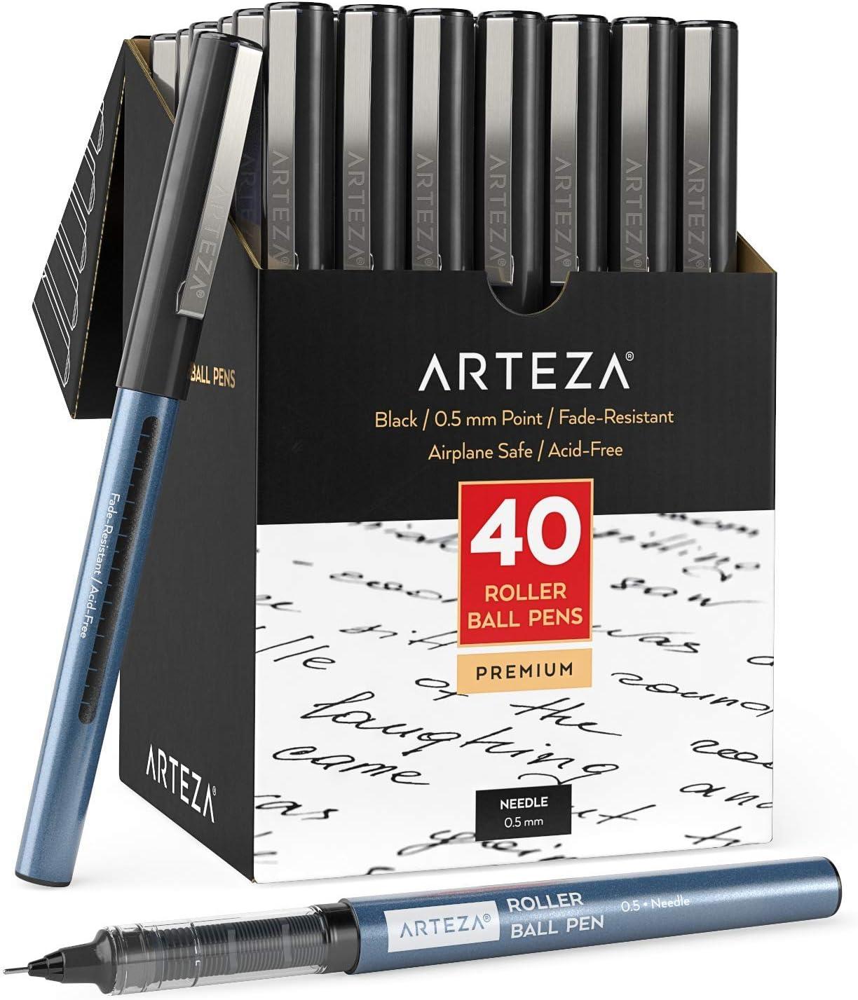 ARTEZA Rollerball Pens Fine Point, Set of 20 Blue Liquid Ink, Extra Fine 0.5 mm Needle Tip Pen, Make Precise Lines, Office Supplies for Writing, Notetaking, and Drawing(Black)