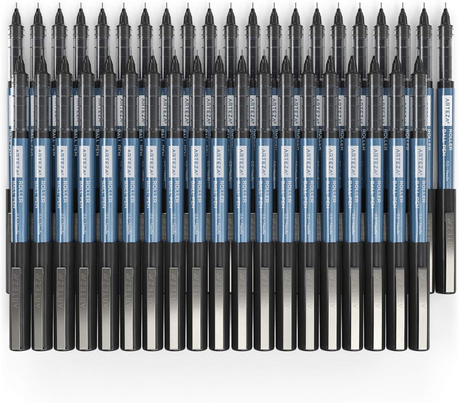 ARTEZA Rollerball Pens Fine Point, Set of 20 Blue Liquid Ink, Extra Fine 0.5 mm Needle Tip Pen, Make Precise Lines, Office Supplies for Writing, Notetaking, and Drawing(Black)