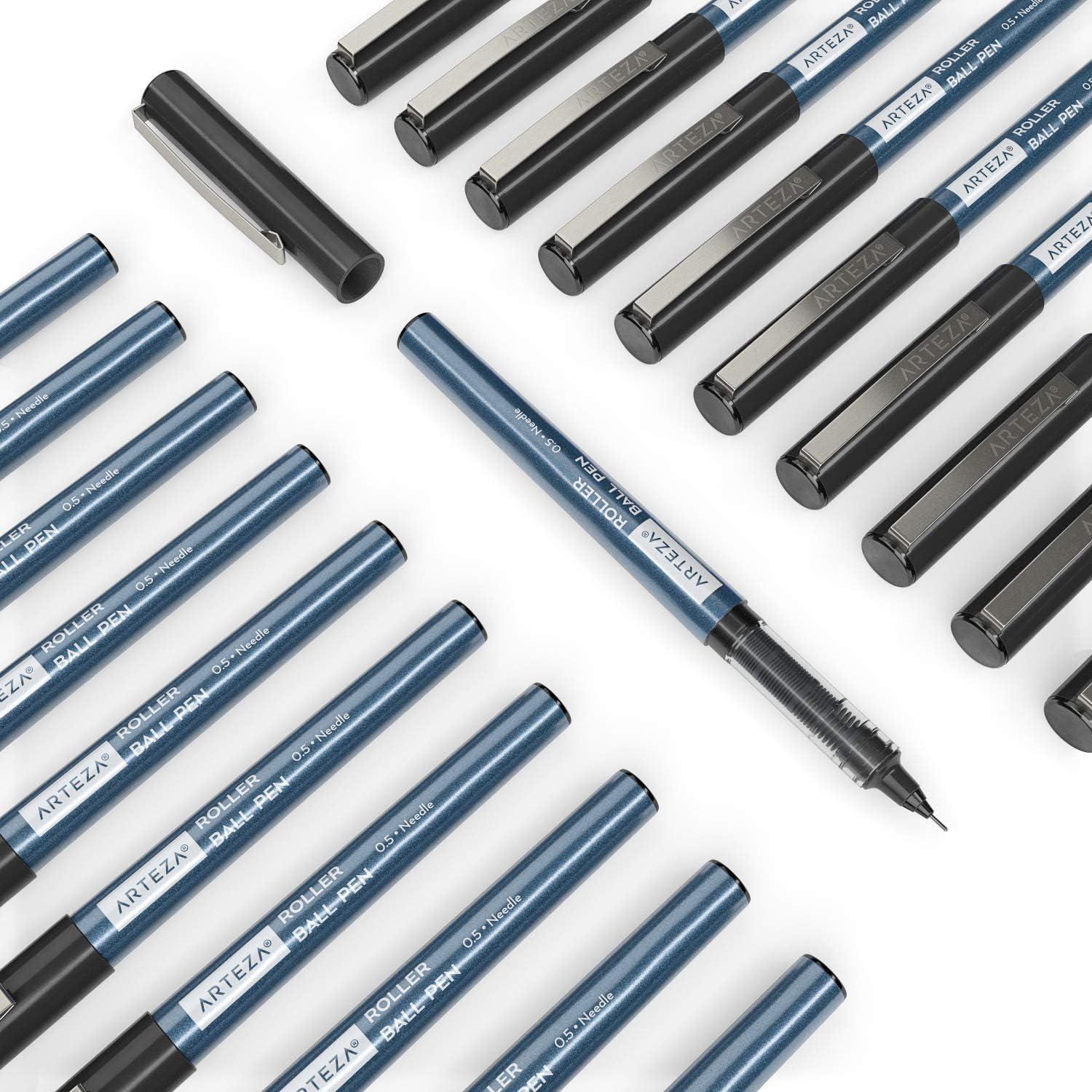 ARTEZA Rollerball Pens Fine Point, Set of 20 Blue Liquid Ink, Extra Fine 0.5 mm Needle Tip Pen, Make Precise Lines, Office Supplies for Writing, Notetaking, and Drawing(Black)