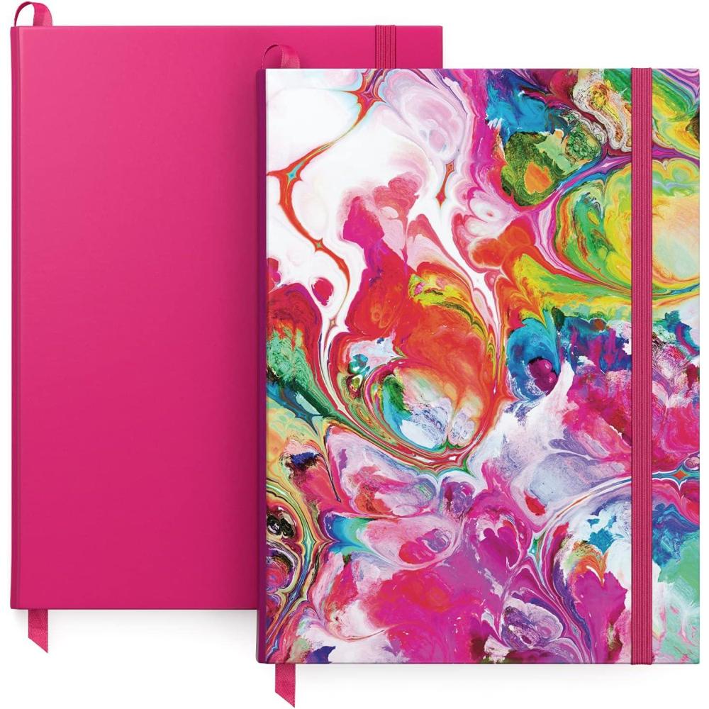 ARTEZA Dotted Journals, Pack of 2, 6×8 Inches, 96 Sheets, Cobalt Blue and Gray, Hardcover Notebooks with Smooth Paper(Acrylic Pouring & Dark Pink)