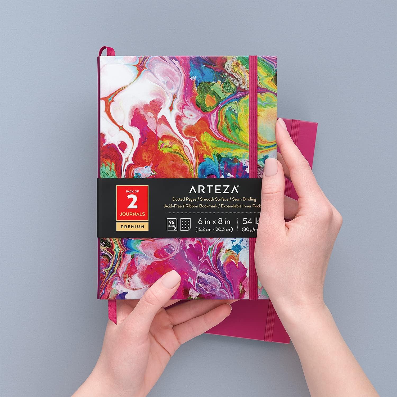ARTEZA Dotted Journals, Pack of 2, 6×8 Inches, 96 Sheets, Cobalt Blue and Gray, Hardcover Notebooks with Smooth Paper(Acrylic Pouring & Dark Pink)