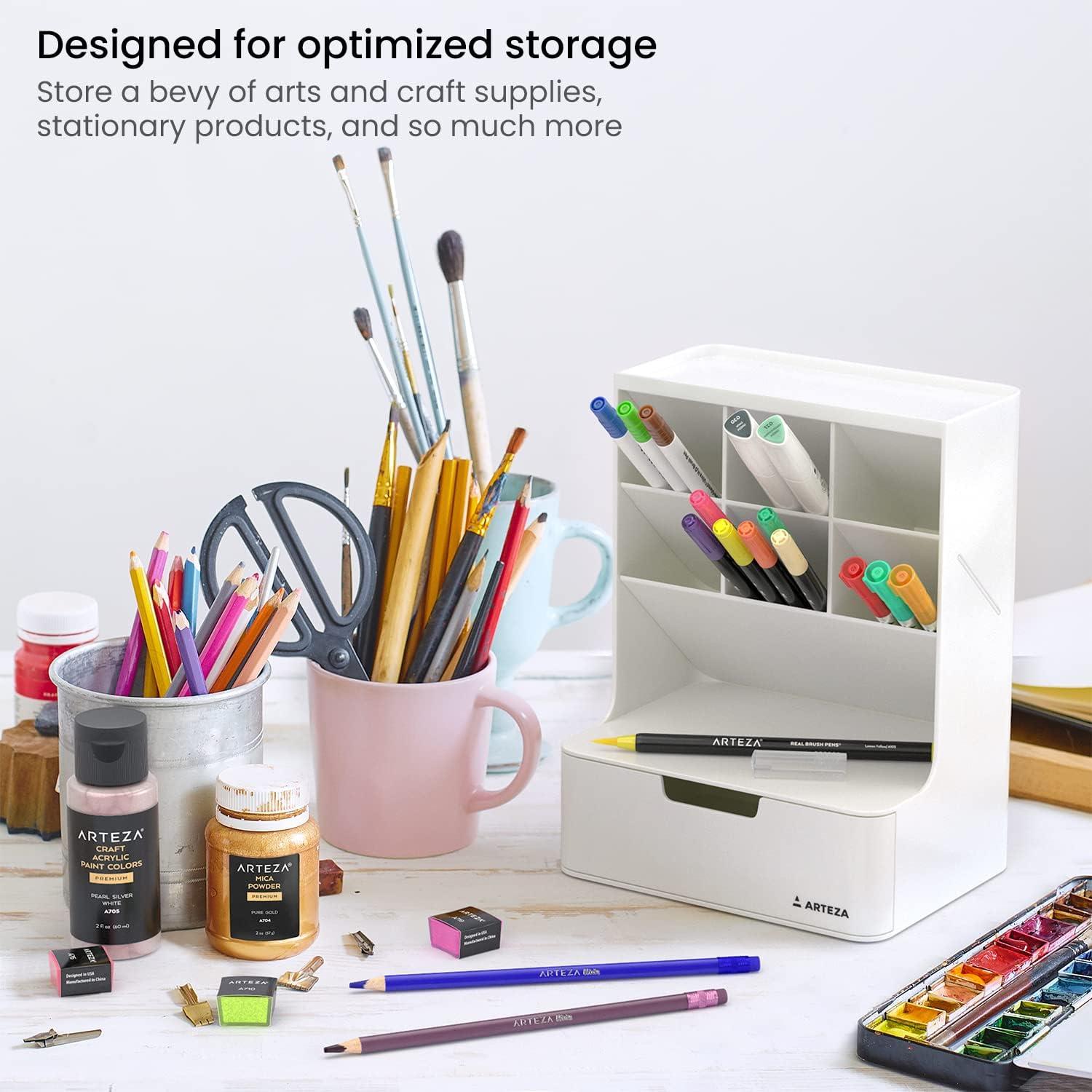 ARTEZA Desktop Storage Rack with Divider – 3 Drawers for Art and Office Supplies, Pencil Holder Organizer for Desk, 11.57 x 8.43 x 8.5 in, Cool Gray(6-Compartment White)