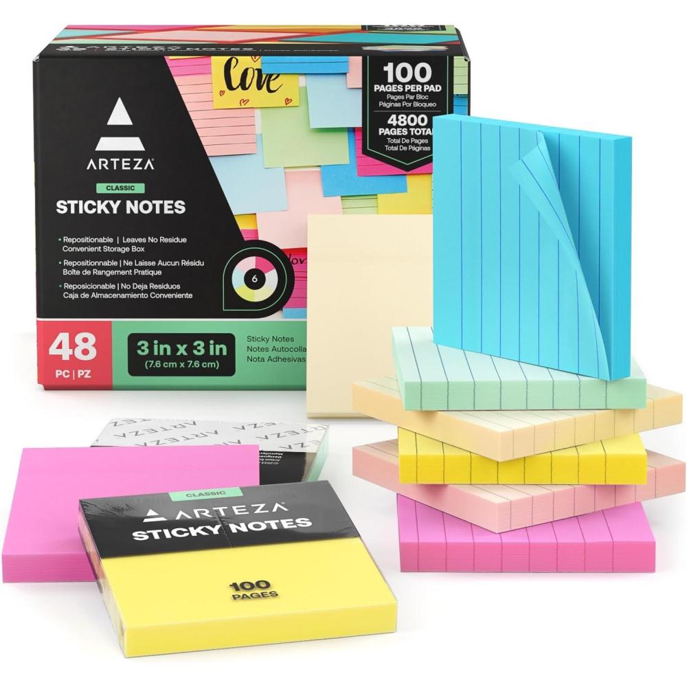 ARTEZA Sticky Notes, 3×3 Inches, 48 Lined & Blank Pads, Bulk Pack of Assorted Multicolor Self-Adhesive Notes for Office, School & Home(48 Pack)