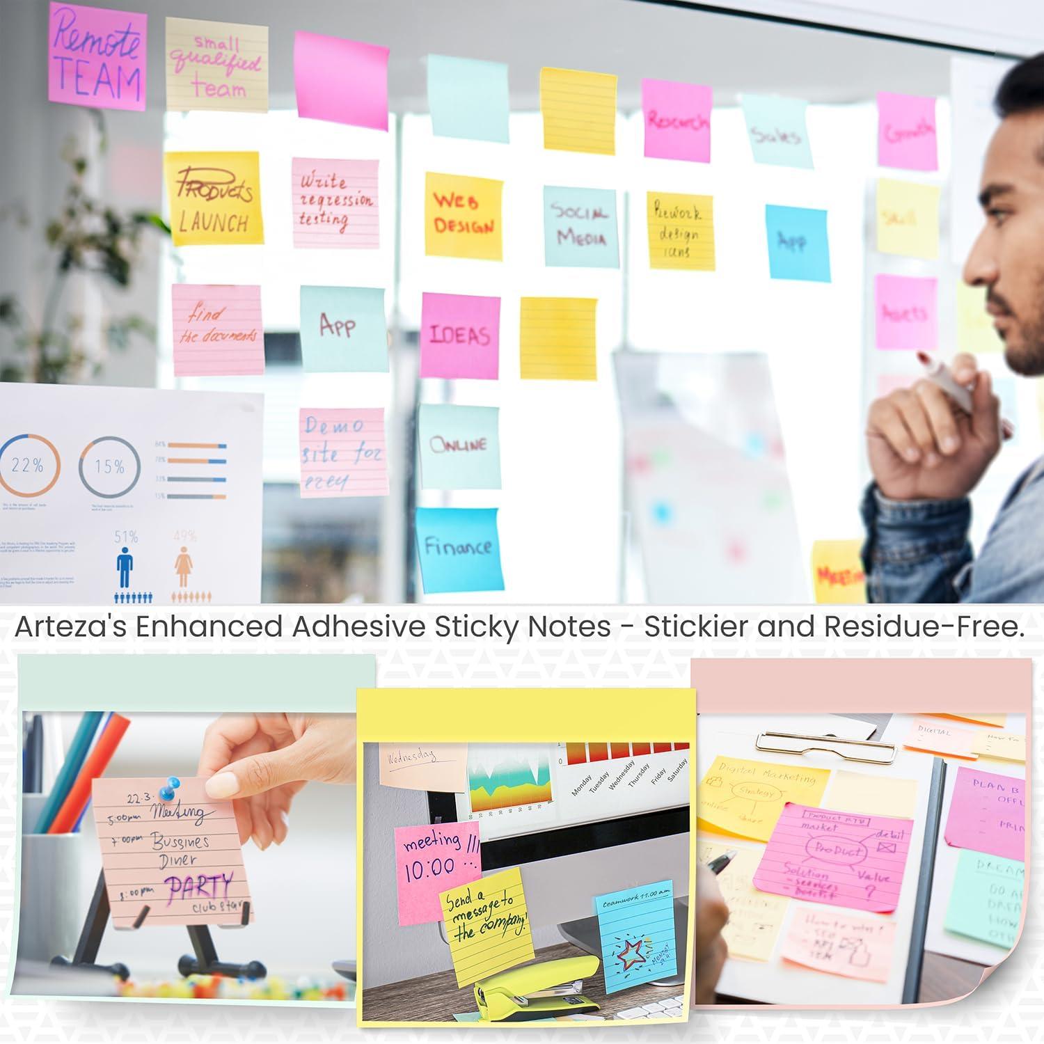 ARTEZA Sticky Notes, 3×3 Inches, 48 Lined & Blank Pads, Bulk Pack of Assorted Multicolor Self-Adhesive Notes for Office, School & Home(48 Pack)