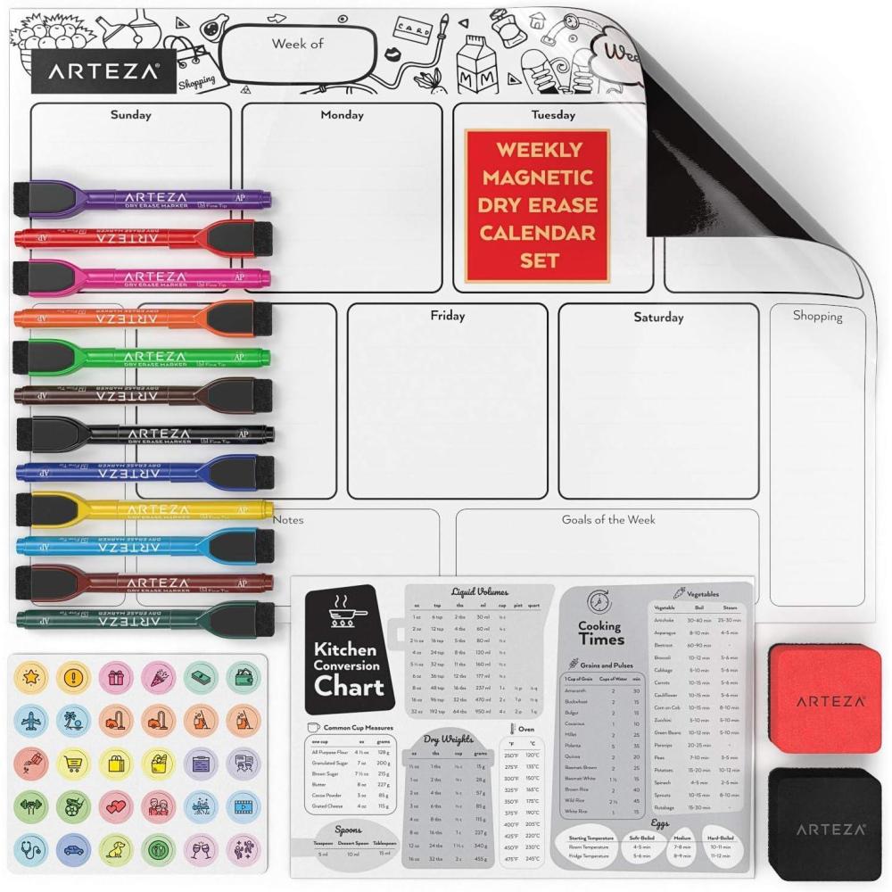 ARTEZA Dry Erase Magnetic Weekly Calendar Set (17×12 Inch), with 12 Whiteboard Markers, 30 Magnets, 2 Erasers, Organizer, Kitchen Planner Chart for Refrigerator, Fridge(17″W x 12″H)