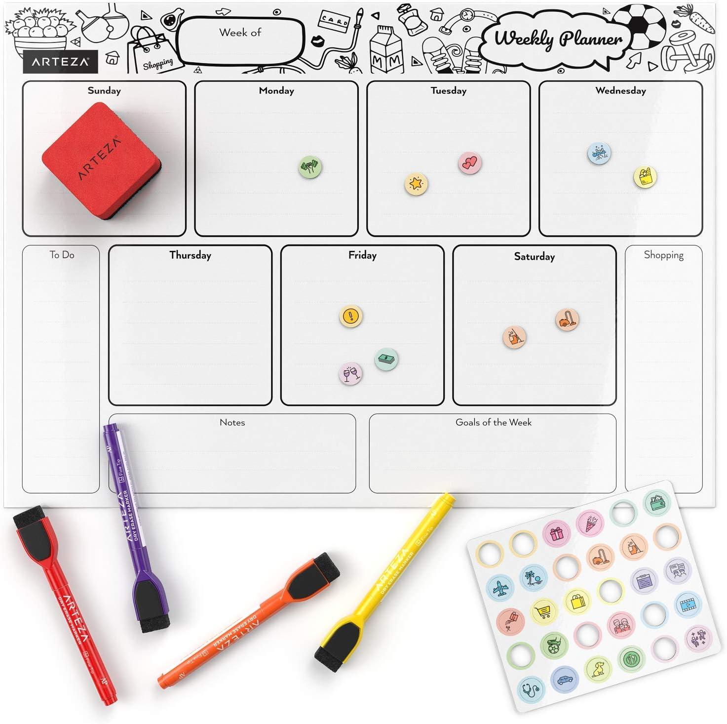 ARTEZA Dry Erase Magnetic Weekly Calendar Set (17×12 Inch), with 12 Whiteboard Markers, 30 Magnets, 2 Erasers, Organizer, Kitchen Planner Chart for Refrigerator, Fridge(17″W x 12″H)