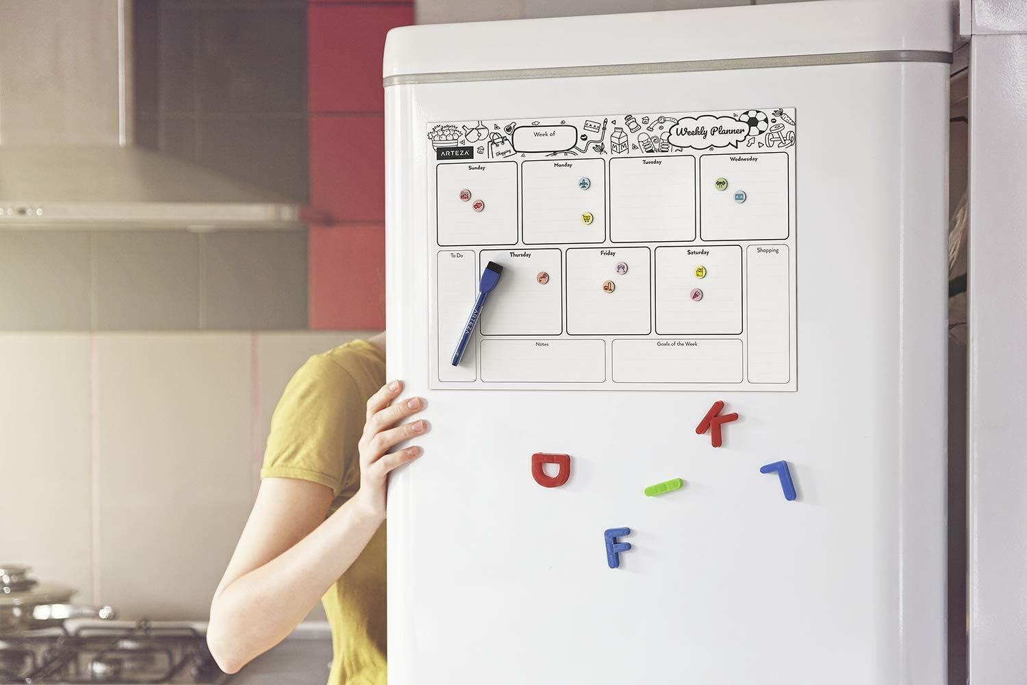 ARTEZA Dry Erase Magnetic Weekly Calendar Set (17×12 Inch), with 12 Whiteboard Markers, 30 Magnets, 2 Erasers, Organizer, Kitchen Planner Chart for Refrigerator, Fridge(17″W x 12″H)