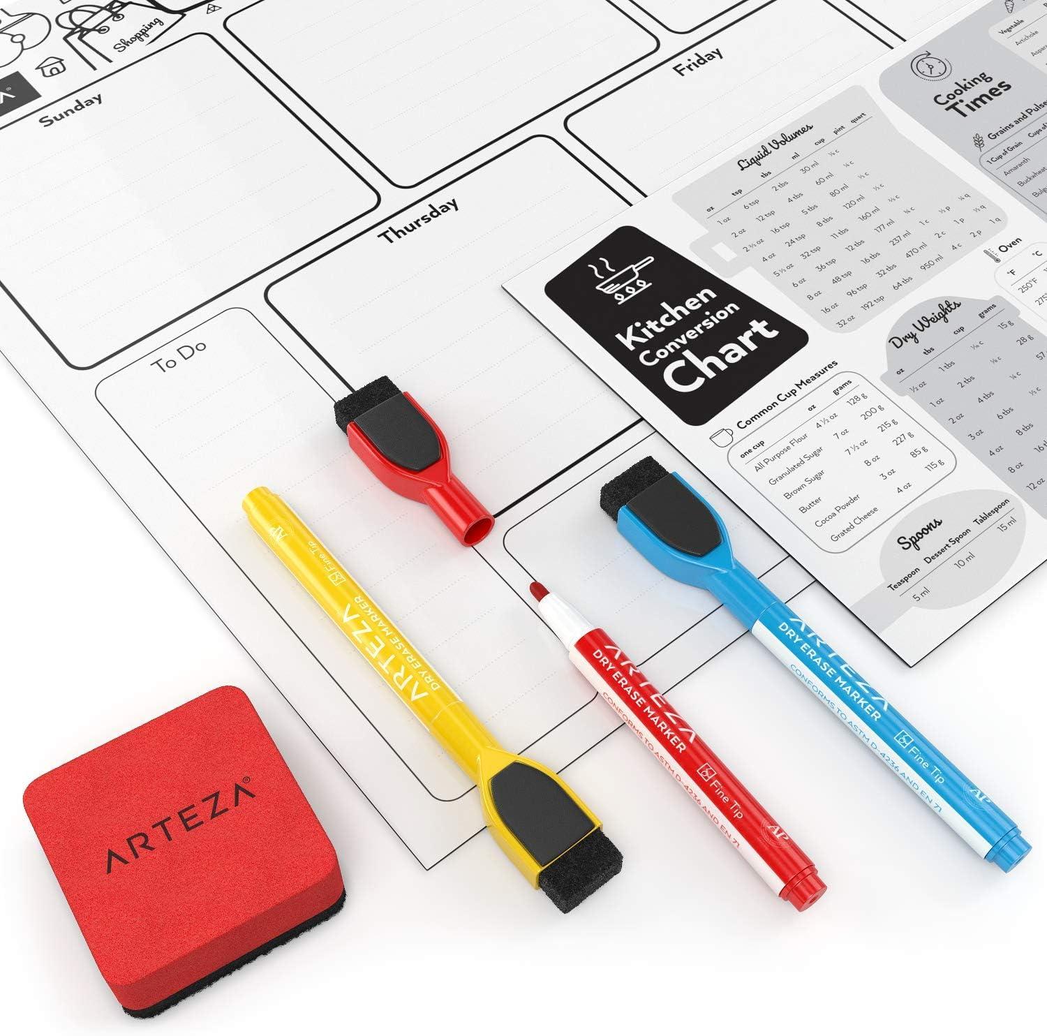 ARTEZA Dry Erase Magnetic Weekly Calendar Set (17×12 Inch), with 12 Whiteboard Markers, 30 Magnets, 2 Erasers, Organizer, Kitchen Planner Chart for Refrigerator, Fridge(17″W x 12″H)