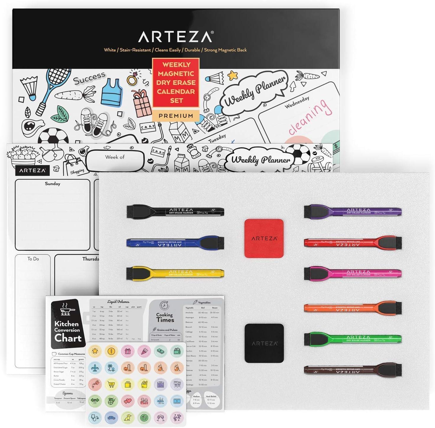 ARTEZA Dry Erase Magnetic Weekly Calendar Set (17×12 Inch), with 12 Whiteboard Markers, 30 Magnets, 2 Erasers, Organizer, Kitchen Planner Chart for Refrigerator, Fridge(17″W x 12″H)