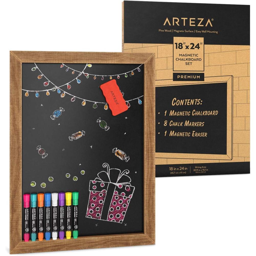 Arteza Magnetic Chalkboard Sign, 18×24 Inches, Includes 8 Chalk Markers and Magnetic Eraser, Easy-to-Mount Decorative Blackboard, Art Supplies for Cafes, Stores, Kitchen, Weddings and Special Events