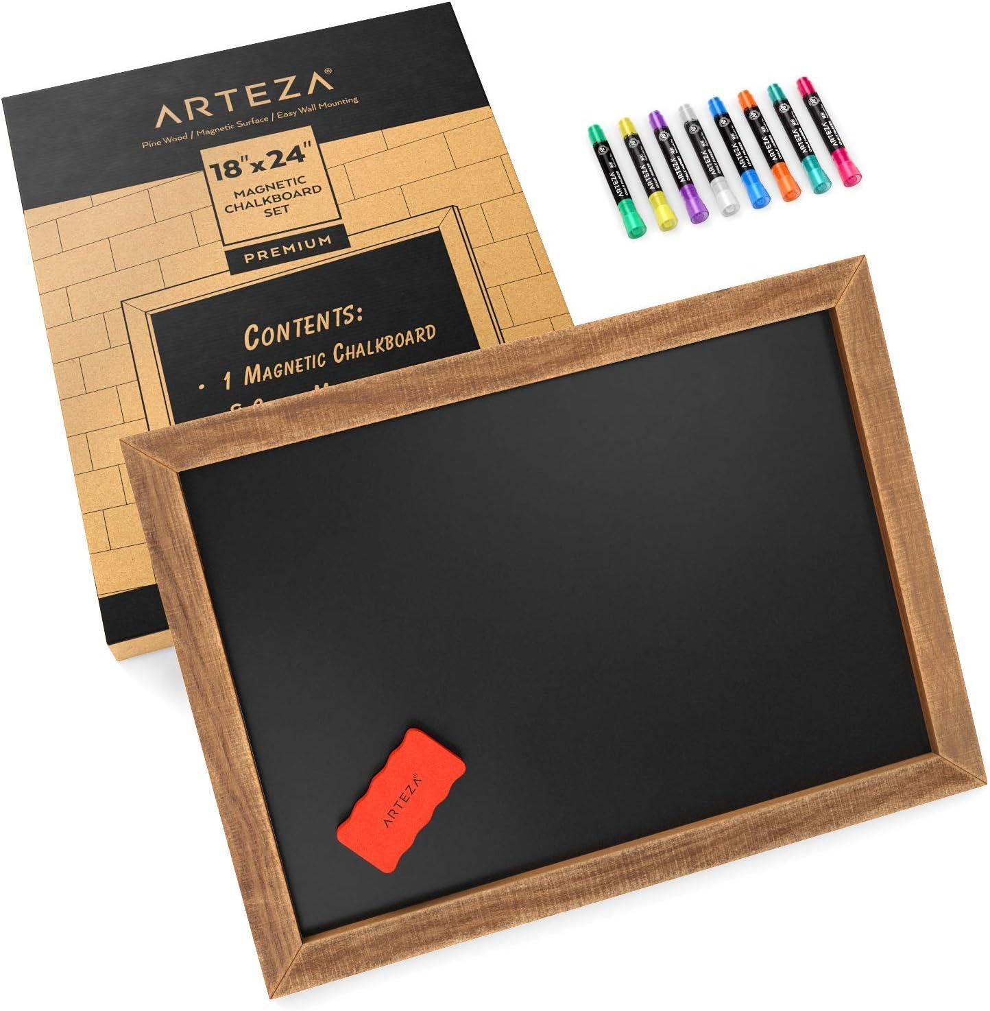 Arteza Magnetic Chalkboard Sign, 18×24 Inches, Includes 8 Chalk Markers and Magnetic Eraser, Easy-to-Mount Decorative Blackboard, Art Supplies for Cafes, Stores, Kitchen, Weddings and Special Events
