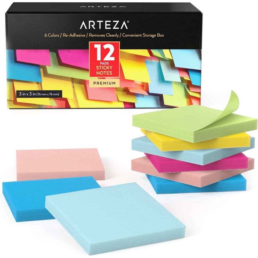 ARTEZA Sticky Notes 12 Pads, 100 Sheets, 6 Assorted Colors, Re-Adhesive, Office Supplies for To-Do Lists, Reminders & Studying