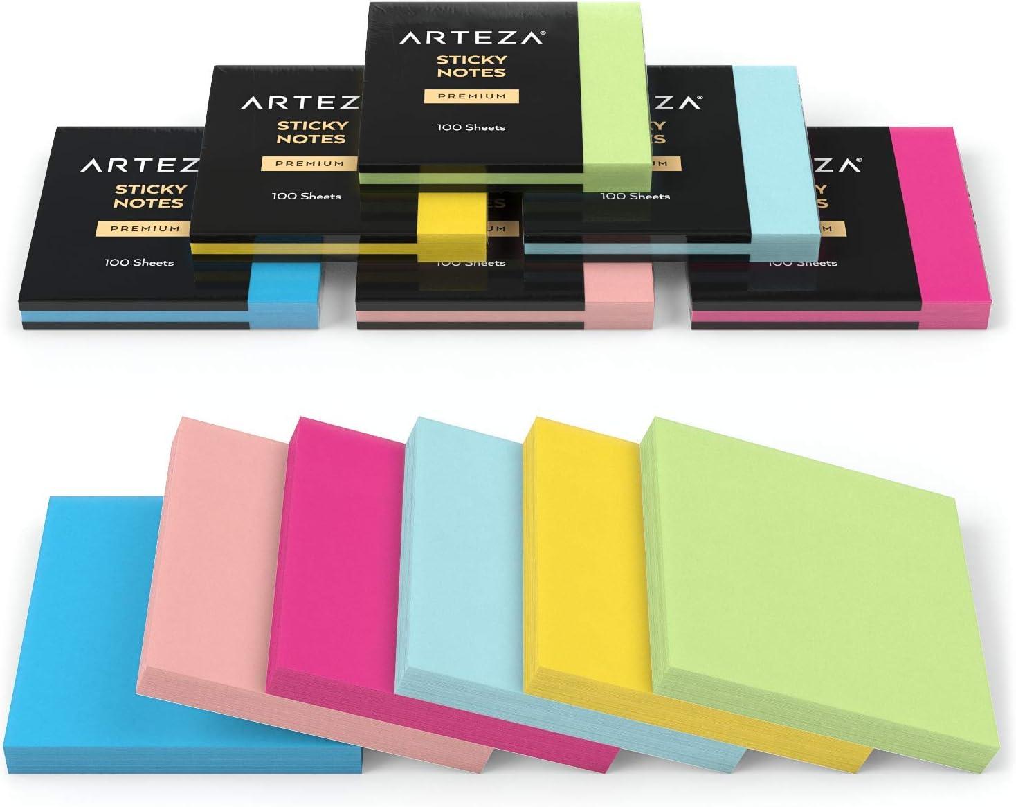 ARTEZA Sticky Notes 12 Pads, 100 Sheets, 6 Assorted Colors, Re-Adhesive, Office Supplies for To-Do Lists, Reminders & Studying