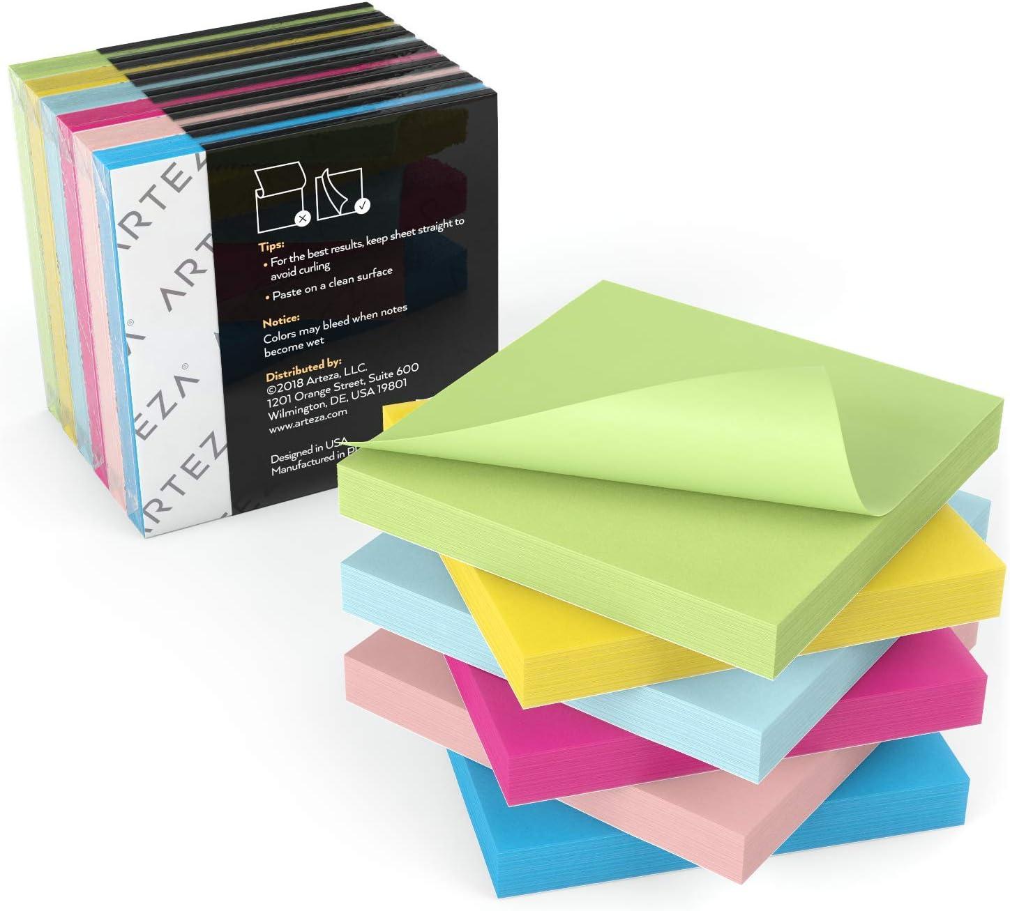 ARTEZA Sticky Notes 12 Pads, 100 Sheets, 6 Assorted Colors, Re-Adhesive, Office Supplies for To-Do Lists, Reminders & Studying
