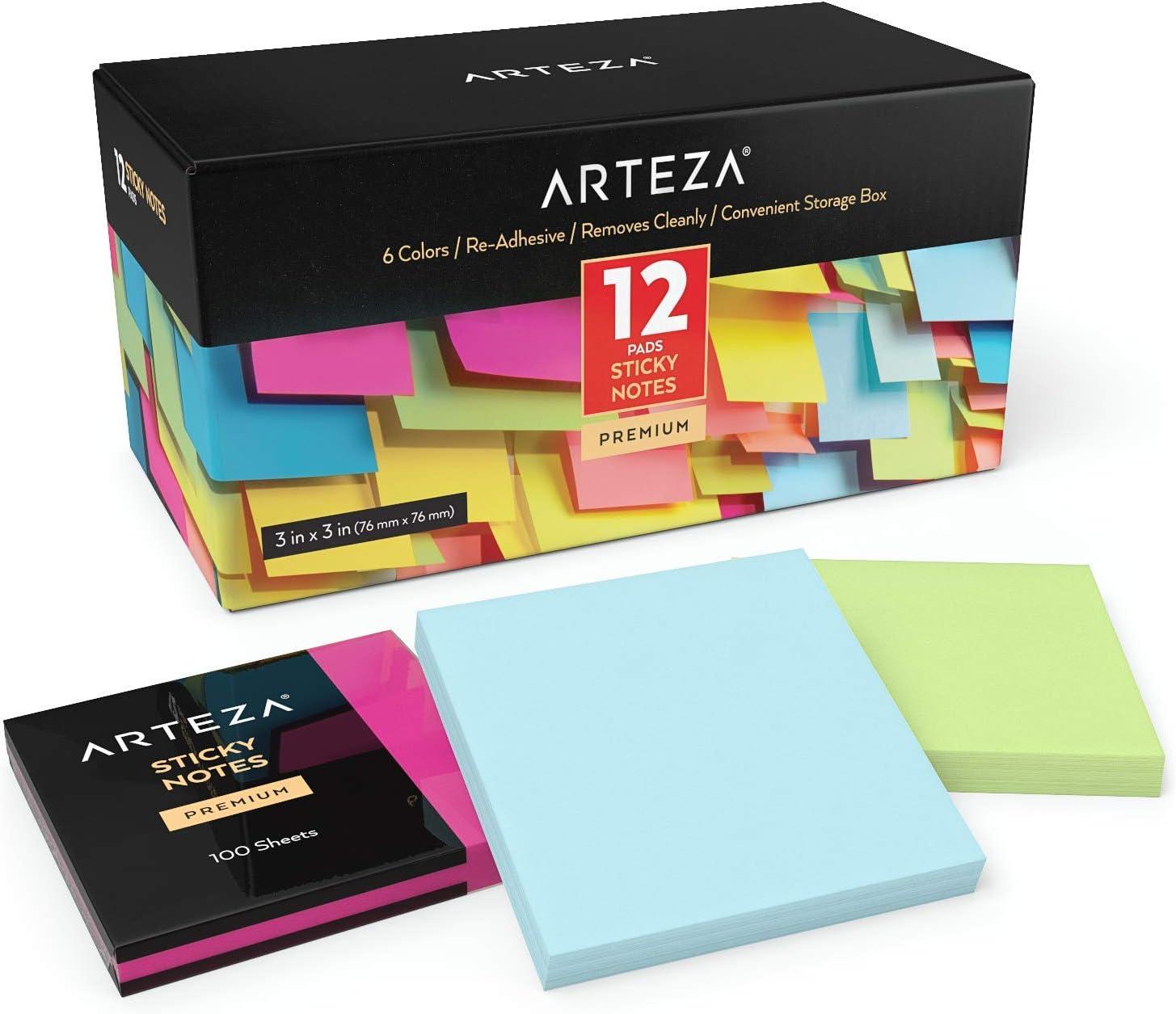 ARTEZA Sticky Notes 12 Pads, 100 Sheets, 6 Assorted Colors, Re-Adhesive, Office Supplies for To-Do Lists, Reminders & Studying