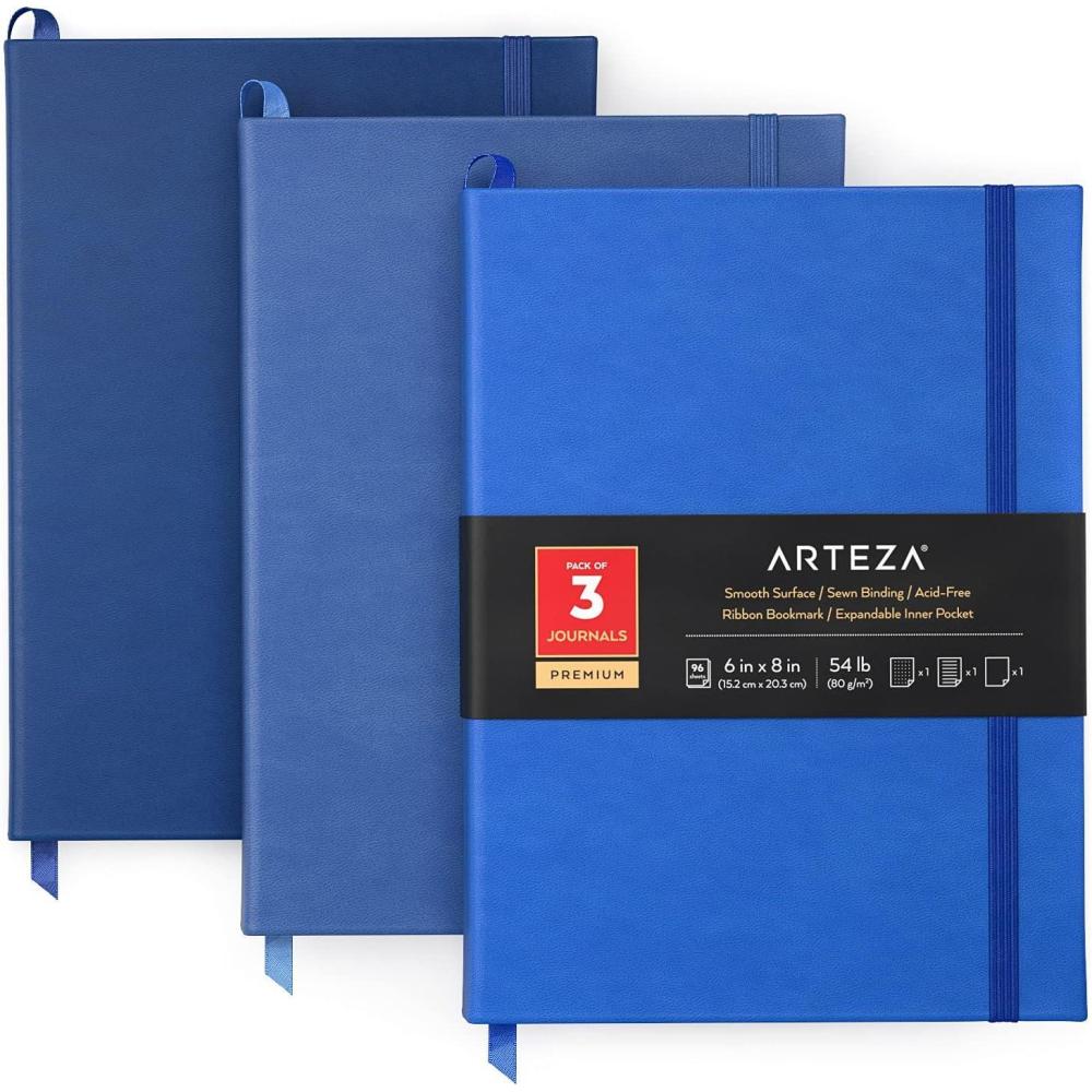 ARTEZA Journals, Pack of 3, 6×8 inch, 96 Sheets, Light Pink, Dark Pink, and Maroon, Hardcover Notebooks with Smooth Lined, Blank and Dotted Paper(Cobalt Blue  Med Blue & Navy)