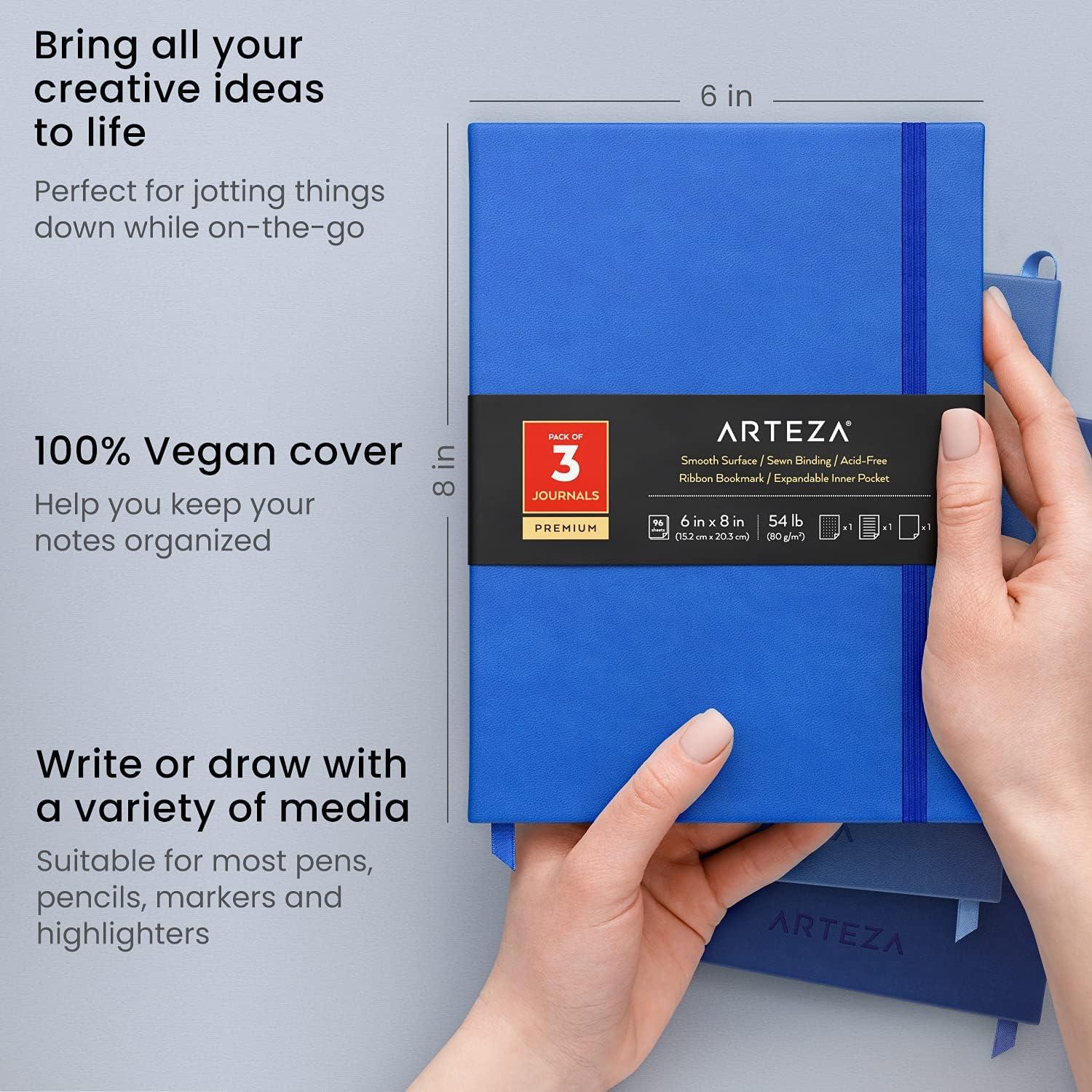 ARTEZA Journals, Pack of 3, 6×8 inch, 96 Sheets, Light Pink, Dark Pink, and Maroon, Hardcover Notebooks with Smooth Lined, Blank and Dotted Paper(Cobalt Blue  Med Blue & Navy)
