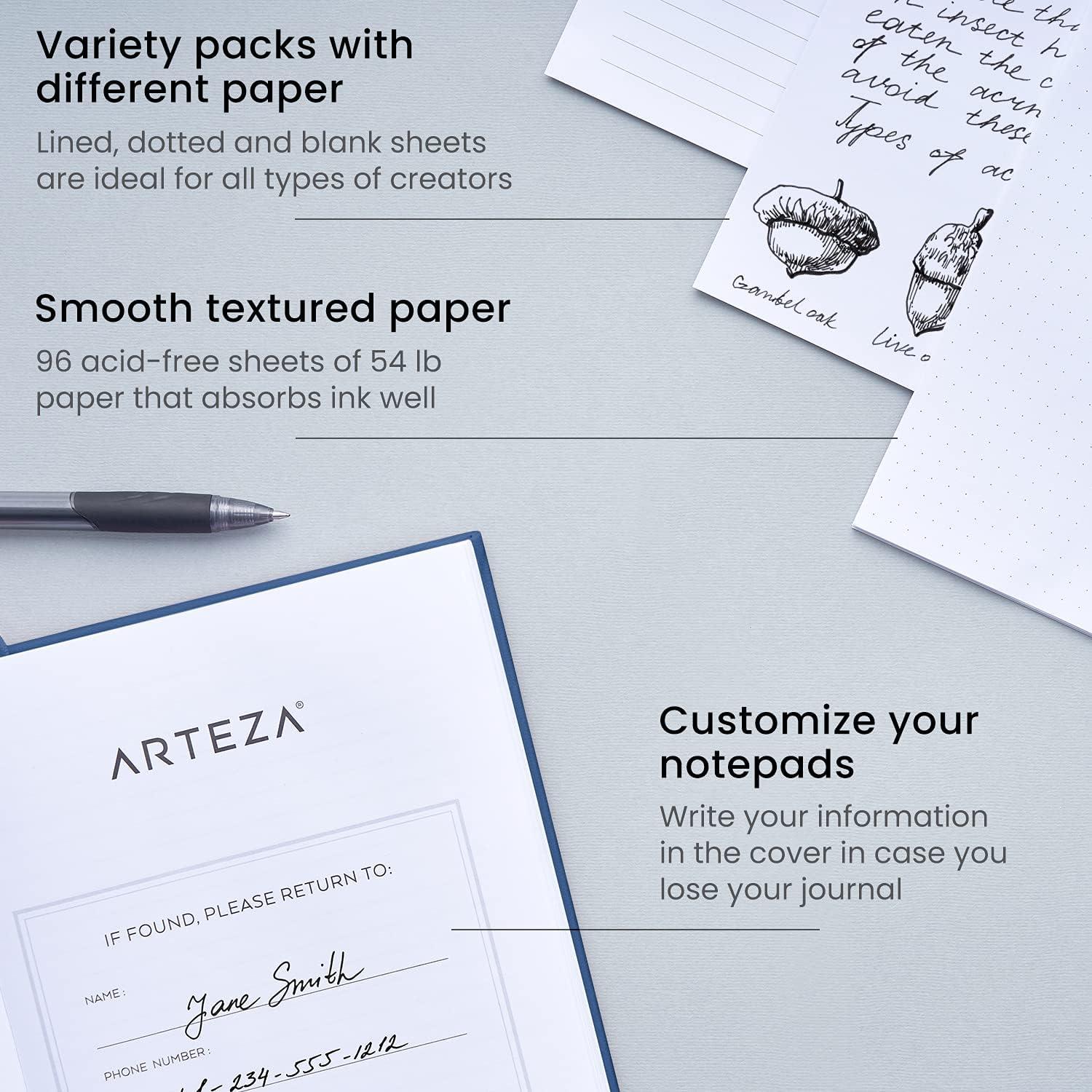 ARTEZA Journals, Pack of 3, 6×8 inch, 96 Sheets, Light Pink, Dark Pink, and Maroon, Hardcover Notebooks with Smooth Lined, Blank and Dotted Paper(Cobalt Blue  Med Blue & Navy)