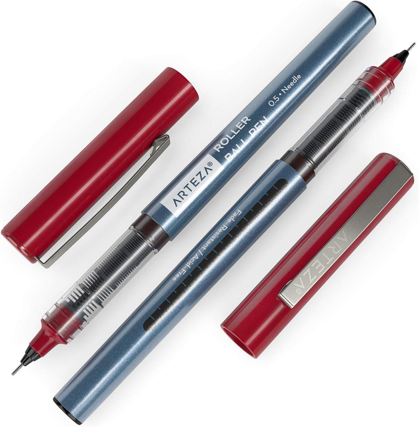 ARTEZA Rollerball Pens Fine Point, Set of 20 Blue Liquid Ink, Extra Fine 0.5 mm Needle Tip Pen, Make Precise Lines, Office Supplies for Writing, Notetaking, and Drawing(Red)