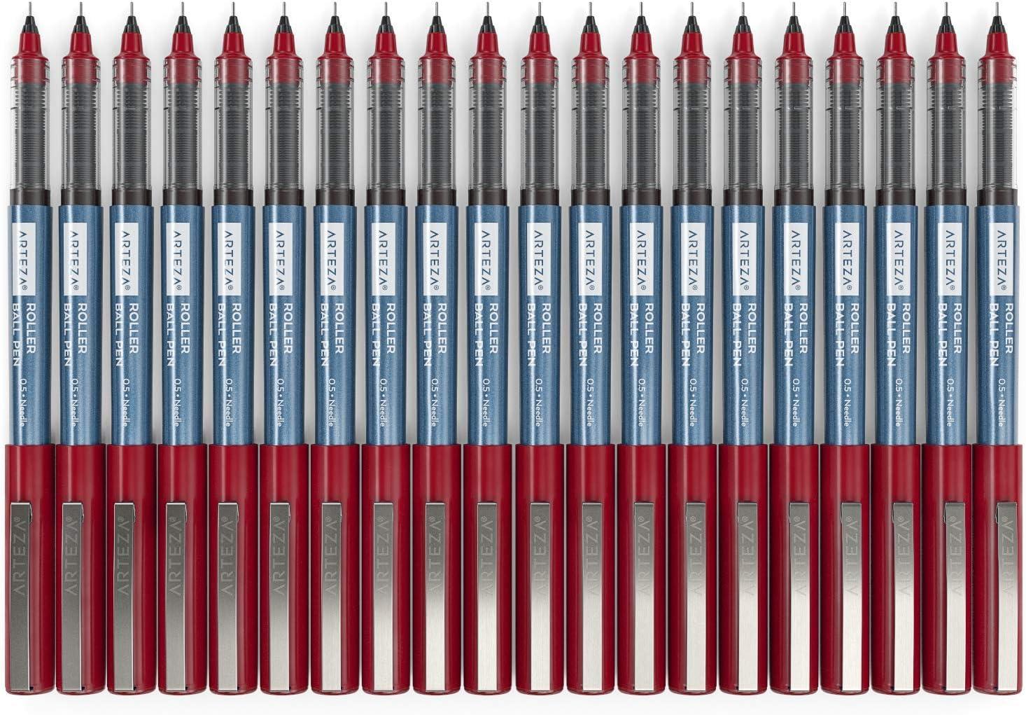 ARTEZA Rollerball Pens Fine Point, Set of 20 Blue Liquid Ink, Extra Fine 0.5 mm Needle Tip Pen, Make Precise Lines, Office Supplies for Writing, Notetaking, and Drawing(Red)
