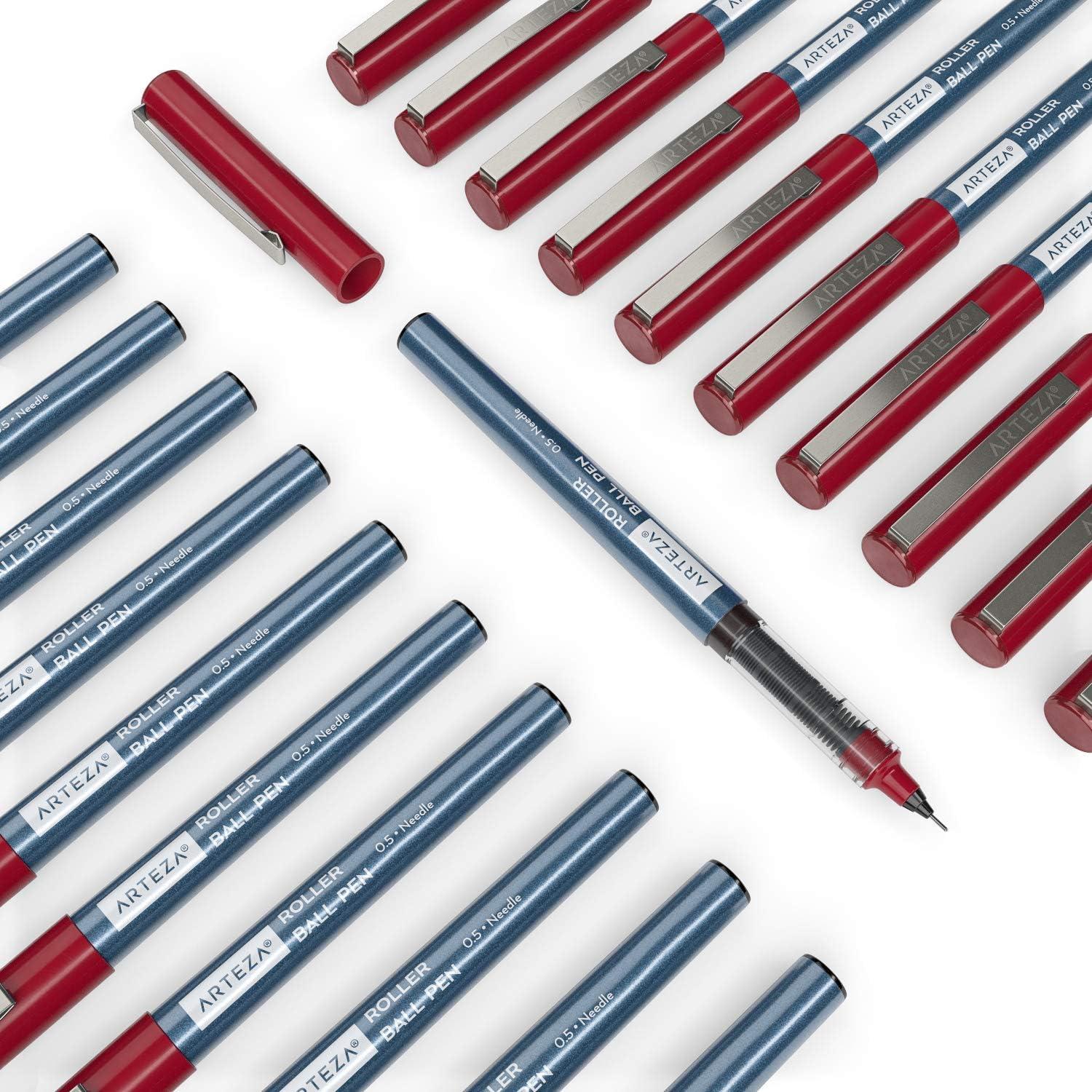 ARTEZA Rollerball Pens Fine Point, Set of 20 Blue Liquid Ink, Extra Fine 0.5 mm Needle Tip Pen, Make Precise Lines, Office Supplies for Writing, Notetaking, and Drawing(Red)