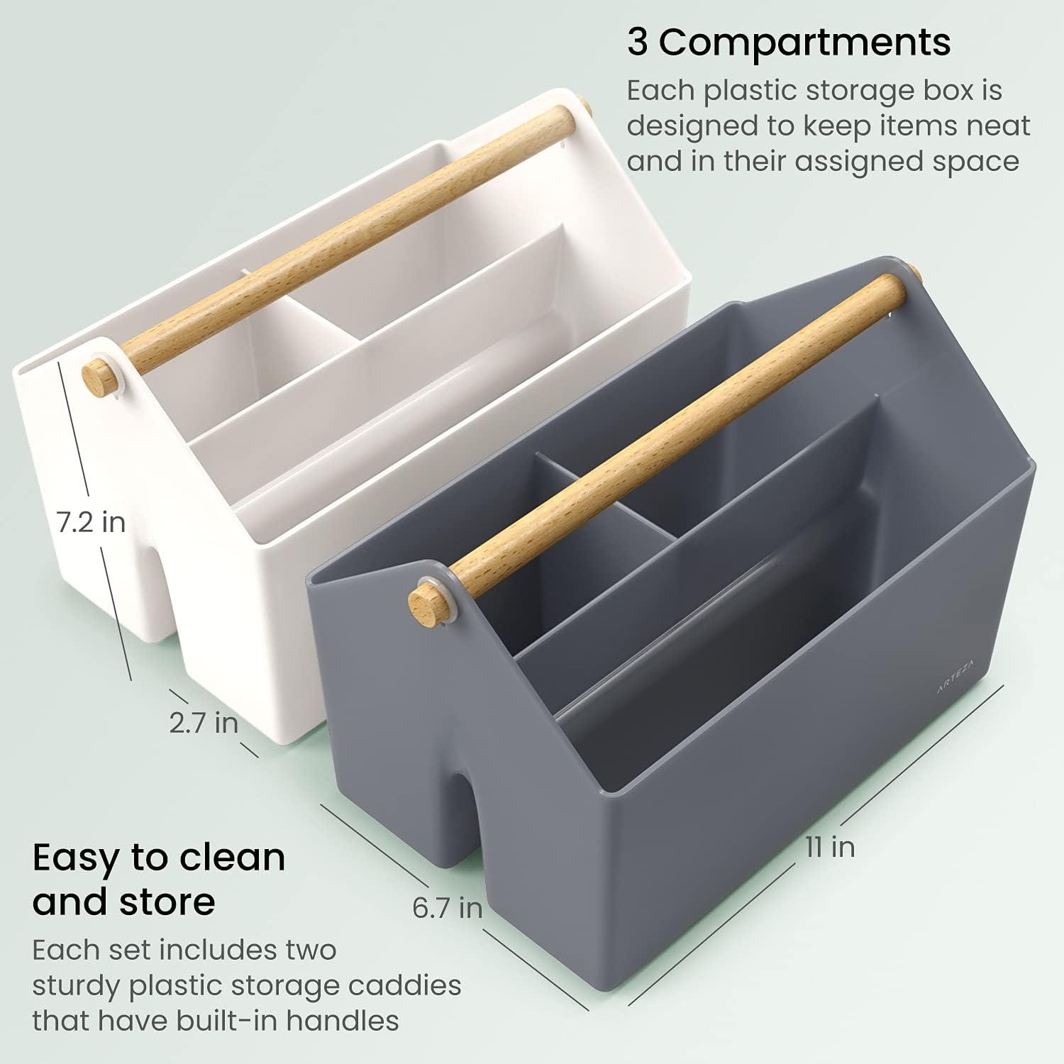 ARTEZA Plastic Portable Craft Storage Organizer, Pack of 2, Gray and Ivory, 3-Sectioned Plastic Basket with Handle, Caddy Organizer(Pack of 2)