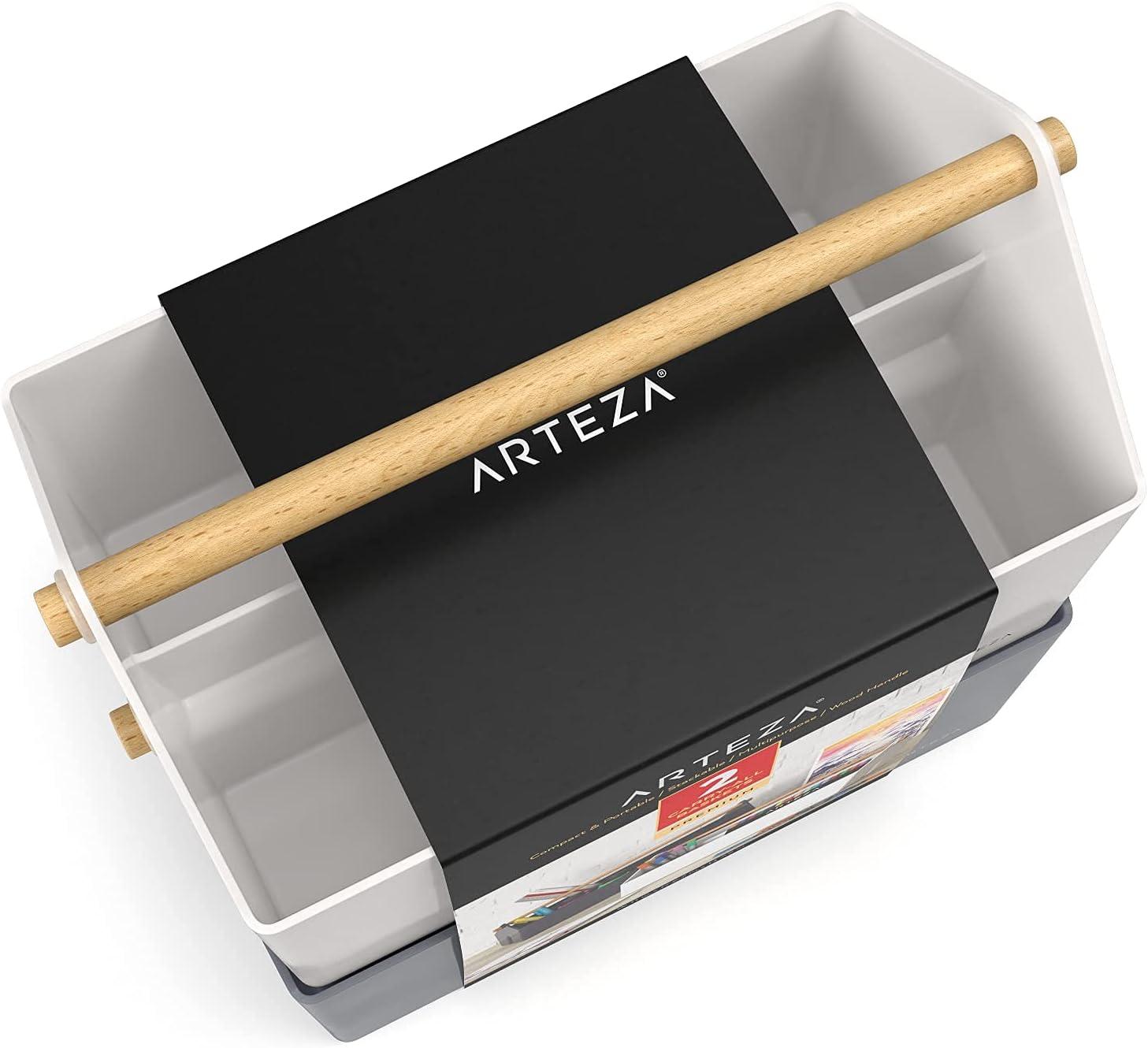 ARTEZA Plastic Portable Craft Storage Organizer, Pack of 2, Gray and Ivory, 3-Sectioned Plastic Basket with Handle, Caddy Organizer(Pack of 2)