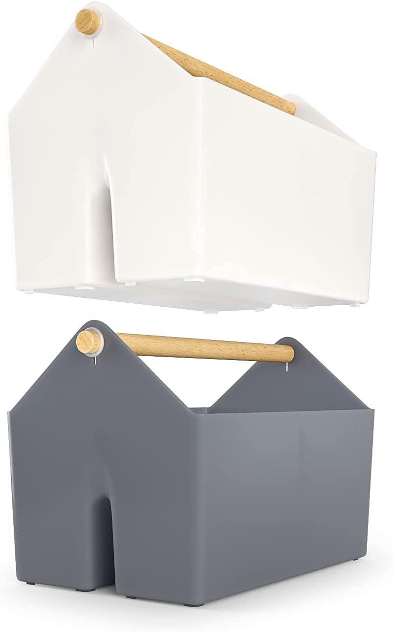 ARTEZA Plastic Portable Craft Storage Organizer, Pack of 2, Gray and Ivory, 3-Sectioned Plastic Basket with Handle, Caddy Organizer(Pack of 2)