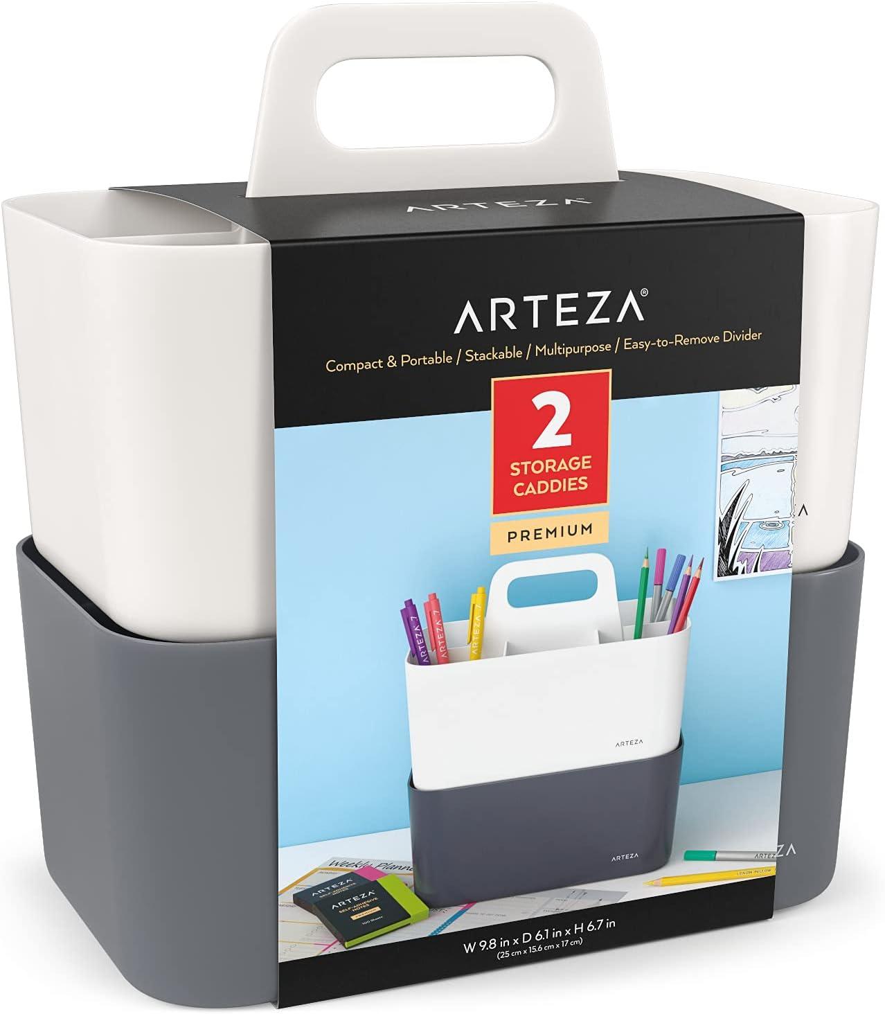 ARTEZA Plastic Portable Craft Storage Organizer, Pack of 2, Gray and Ivory, 3-Sectioned Plastic Basket with Handle, Caddy Organizer(Pack of 2)