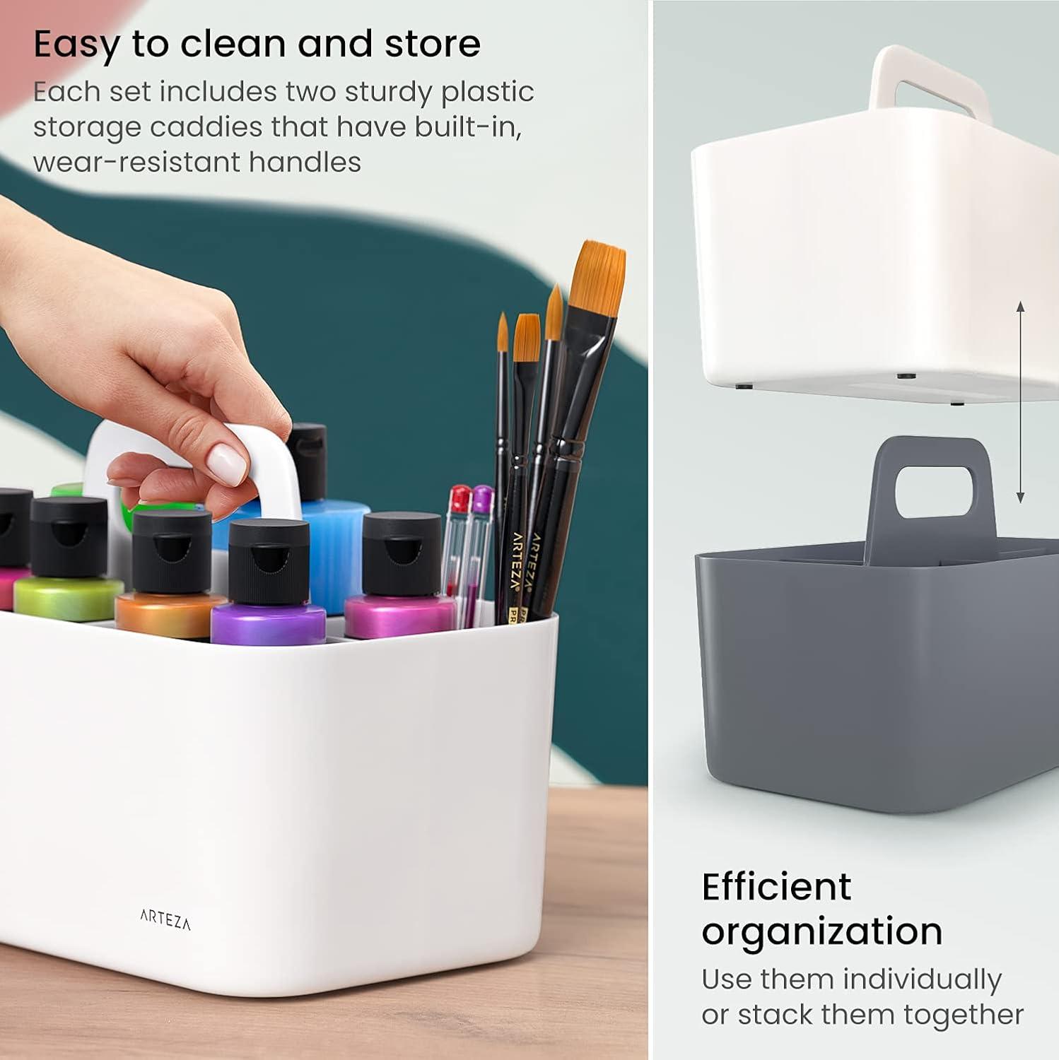 ARTEZA Plastic Portable Craft Storage Organizer, Pack of 2, Gray and Ivory, 3-Sectioned Plastic Basket with Handle, Caddy Organizer(Pack of 2)