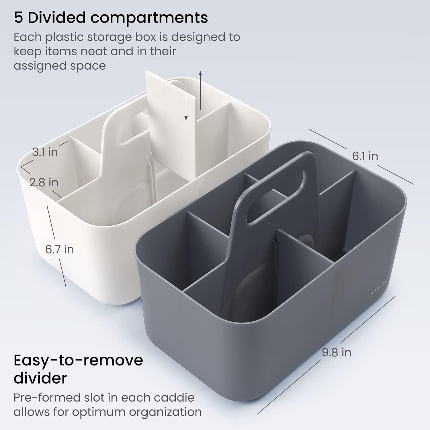 ARTEZA Plastic Portable Craft Storage Organizer, Pack of 2, Gray and Ivory, 3-Sectioned Plastic Basket with Handle, Caddy Organizer(Pack of 2)