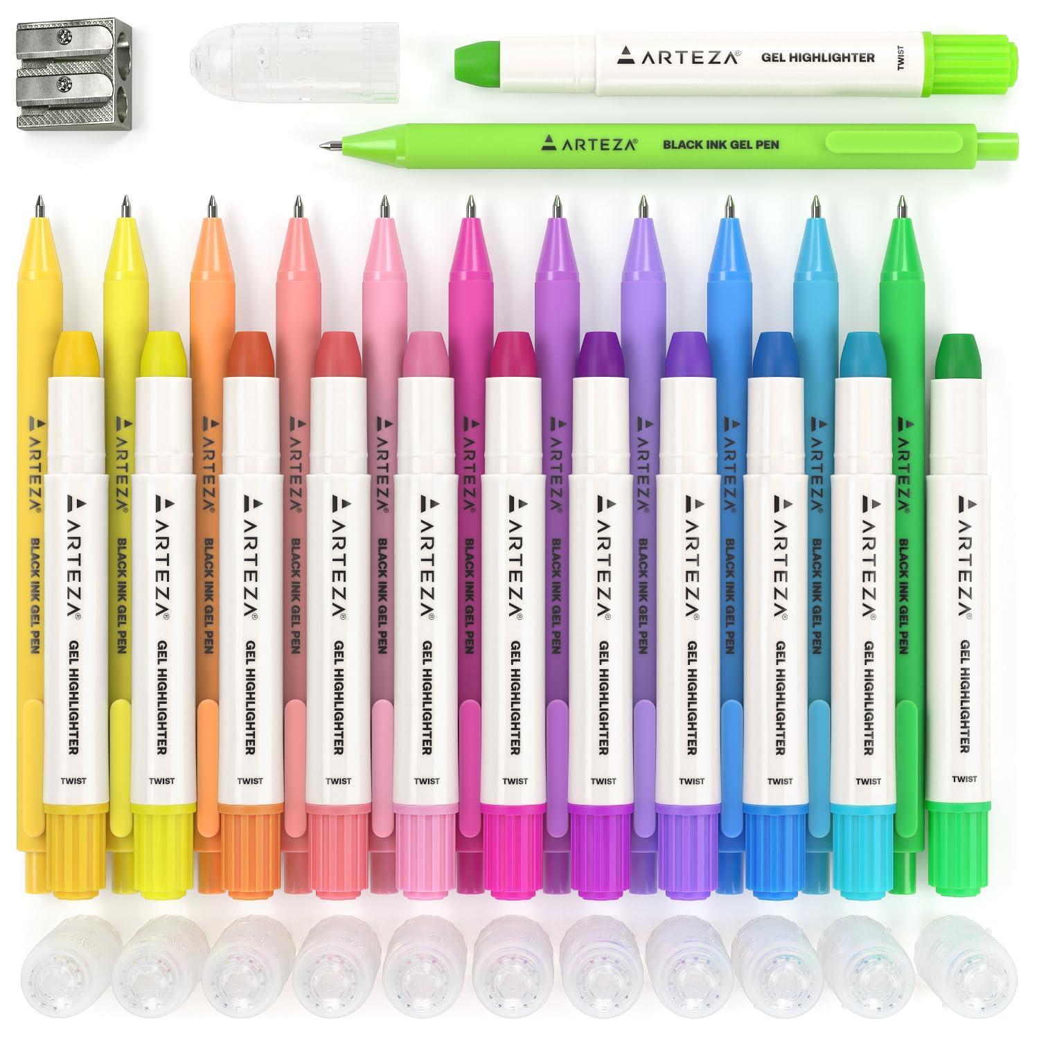 ARTEZA Gel Highlighters and Black Pens – 24-Pack with Sharpener, Smudge-Free, No-Bleed, for Thin Pages, Journaling, Note-Taking, School and Office Use