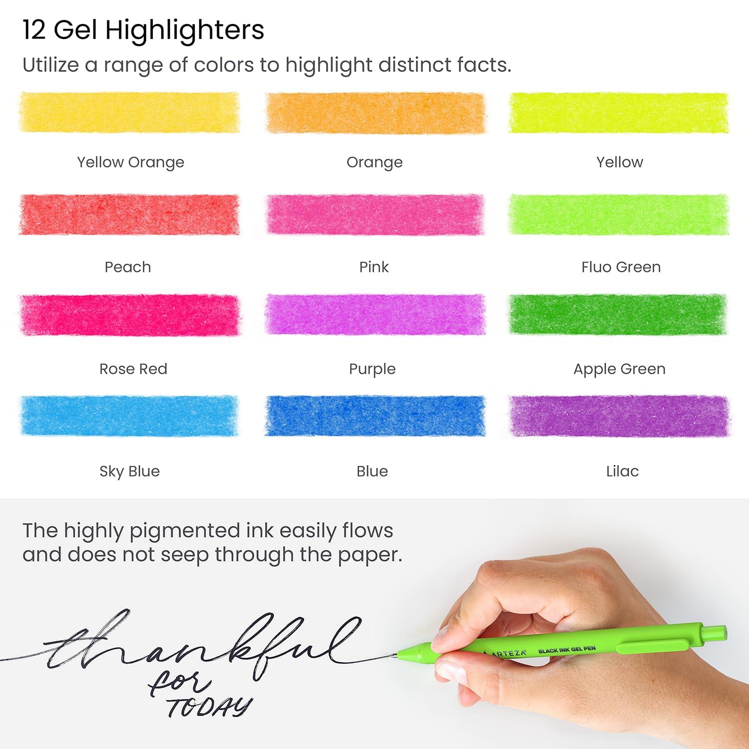 ARTEZA Gel Highlighters and Black Pens – 24-Pack with Sharpener, Smudge-Free, No-Bleed, for Thin Pages, Journaling, Note-Taking, School and Office Use