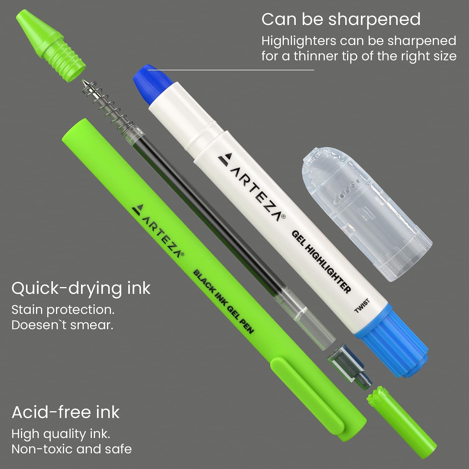 ARTEZA Gel Highlighters and Black Pens – 24-Pack with Sharpener, Smudge-Free, No-Bleed, for Thin Pages, Journaling, Note-Taking, School and Office Use
