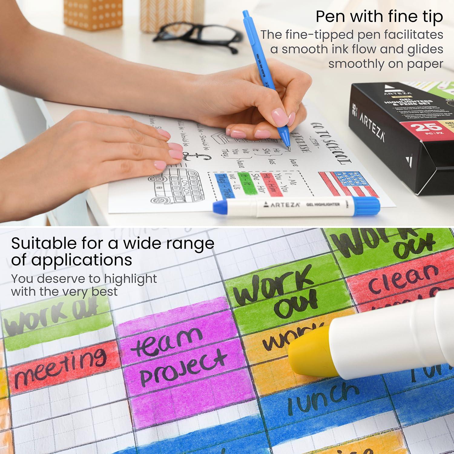 ARTEZA Gel Highlighters and Black Pens – 24-Pack with Sharpener, Smudge-Free, No-Bleed, for Thin Pages, Journaling, Note-Taking, School and Office Use