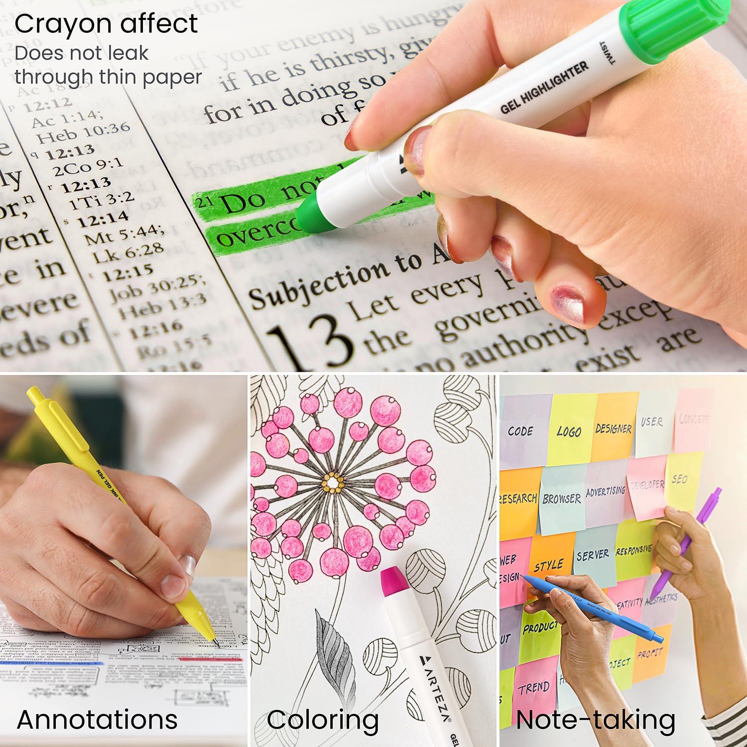 ARTEZA Gel Highlighters and Black Pens – 24-Pack with Sharpener, Smudge-Free, No-Bleed, for Thin Pages, Journaling, Note-Taking, School and Office Use