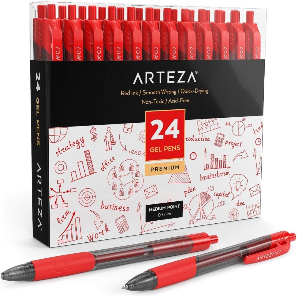 ARTEZA Red Gel Pens Pack of 24, 0.7mm Medium Point, Quick Drying Ink for Smooth Writing, Office & School Supplies(1 Count (Pack of 24))