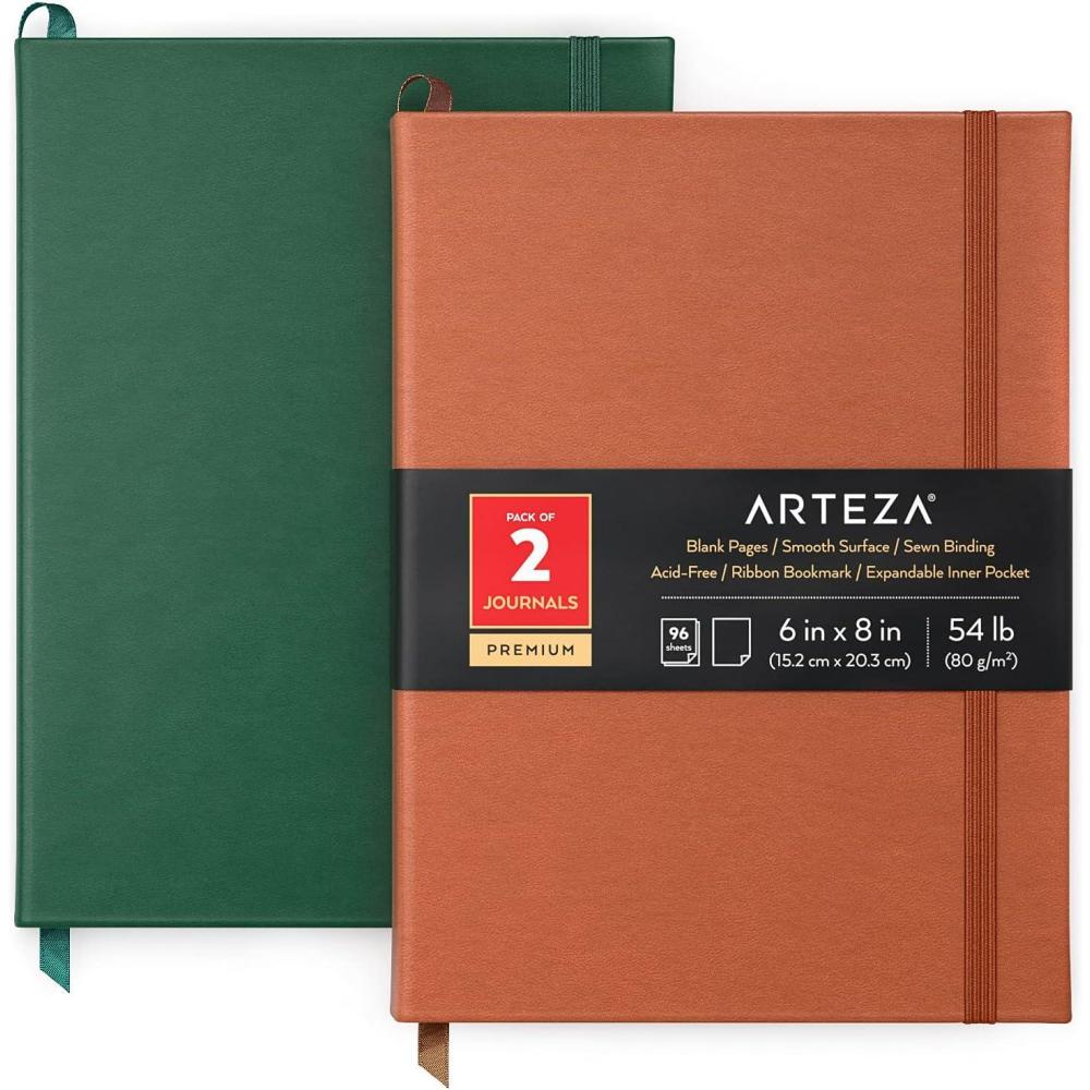 Arteza Journal Blank Page Notebooks, Pack of 2, 6 x 8 inches, 96 Sheets, Hunter Green and Saddle, Hardcover Notepads with Smooth Blank Paper for Writing, Journaling(Hunter Green & Saddle)