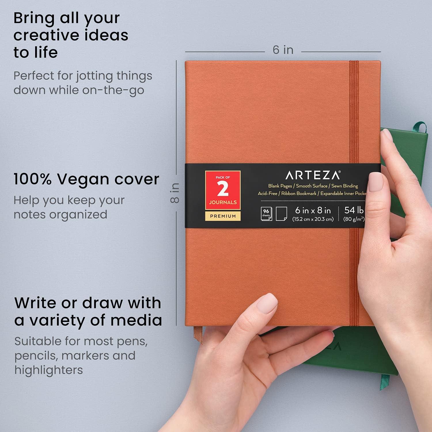Arteza Journal Blank Page Notebooks, Pack of 2, 6 x 8 inches, 96 Sheets, Hunter Green and Saddle, Hardcover Notepads with Smooth Blank Paper for Writing, Journaling(Hunter Green & Saddle)