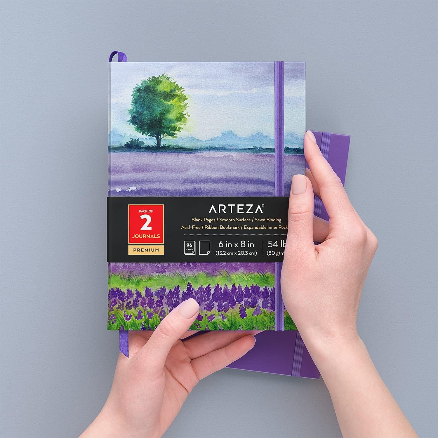 ARTEZA Journal Notebooks, Pack of 2, 6×8 Inches, 96 Sheets, Green and Saddle, Hardcover Notepads with Lined Paper(Lavender Field & Purple)