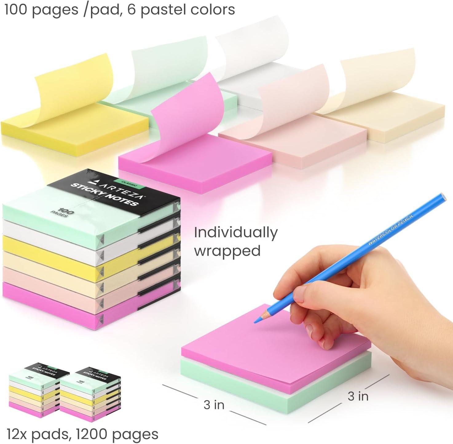 ARTEZA Sticky Notes, 3×3 Inches, 12 Pads, Bulk Pack of Assorted Multicolor Self-Adhesive Notes for Office, School & Home