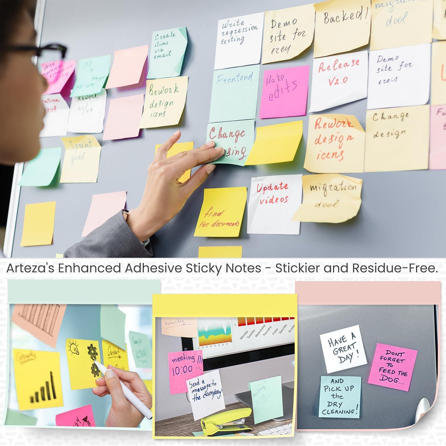 ARTEZA Sticky Notes, 3×3 Inches, 12 Pads, Bulk Pack of Assorted Multicolor Self-Adhesive Notes for Office, School & Home