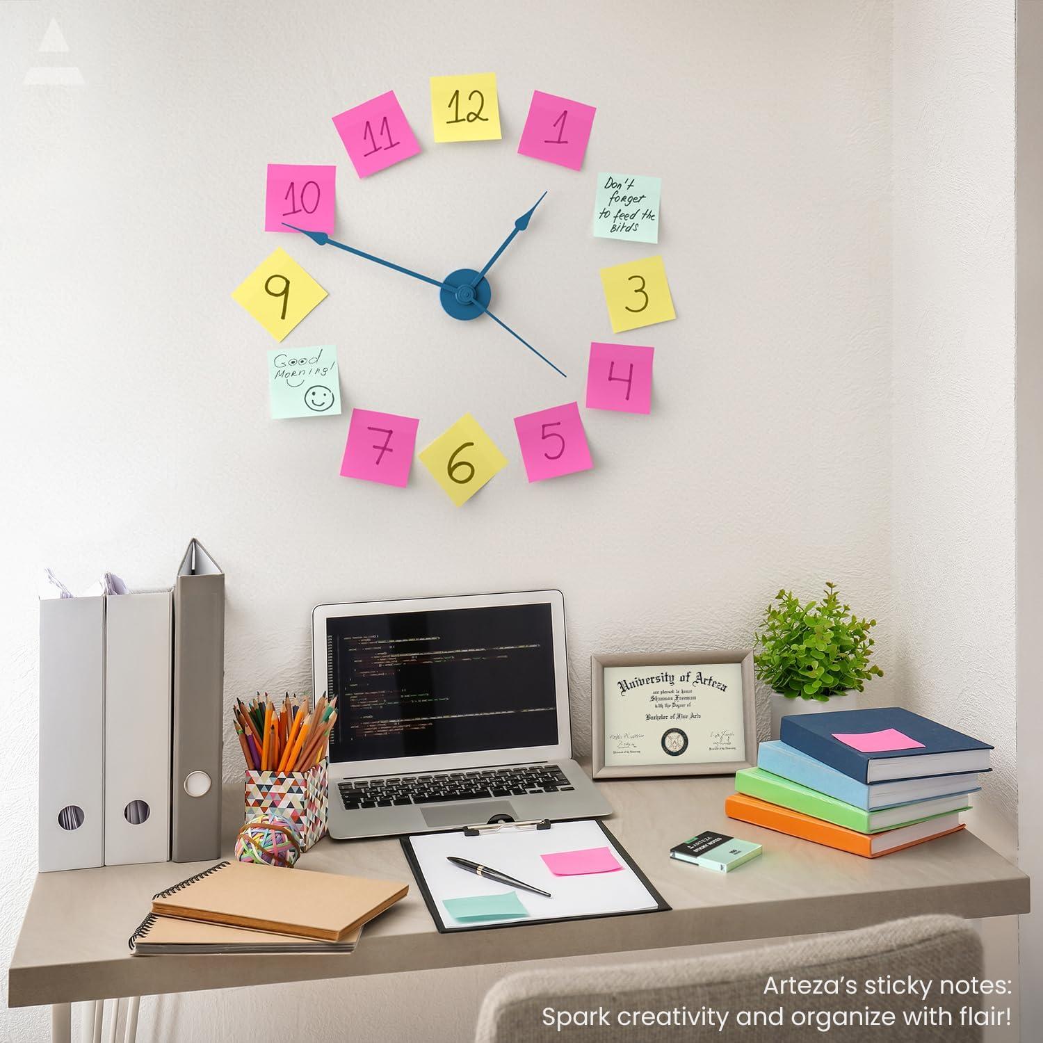 ARTEZA Sticky Notes, 3×3 Inches, 12 Pads, Bulk Pack of Assorted Multicolor Self-Adhesive Notes for Office, School & Home