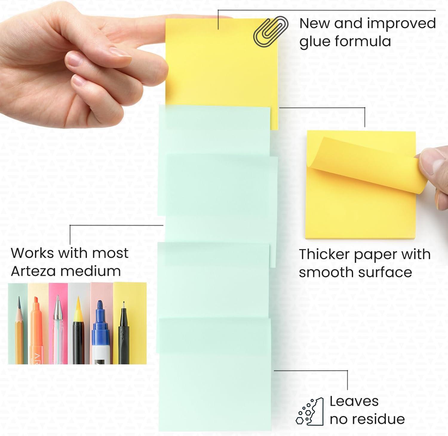ARTEZA Sticky Notes, 3×3 Inches, 12 Pads, Bulk Pack of Assorted Multicolor Self-Adhesive Notes for Office, School & Home