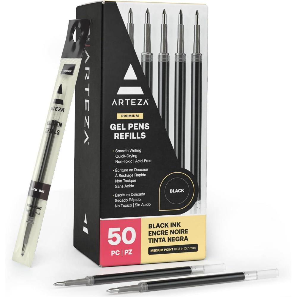Arteza Gel Pen Refills, Pack of 50 Black Roller Ball Gel Ink Pen Refills, Quick-Drying, Nontoxic, Fine Point for Writing, Taking Notes & Sketching, Office & Back to School Supplies