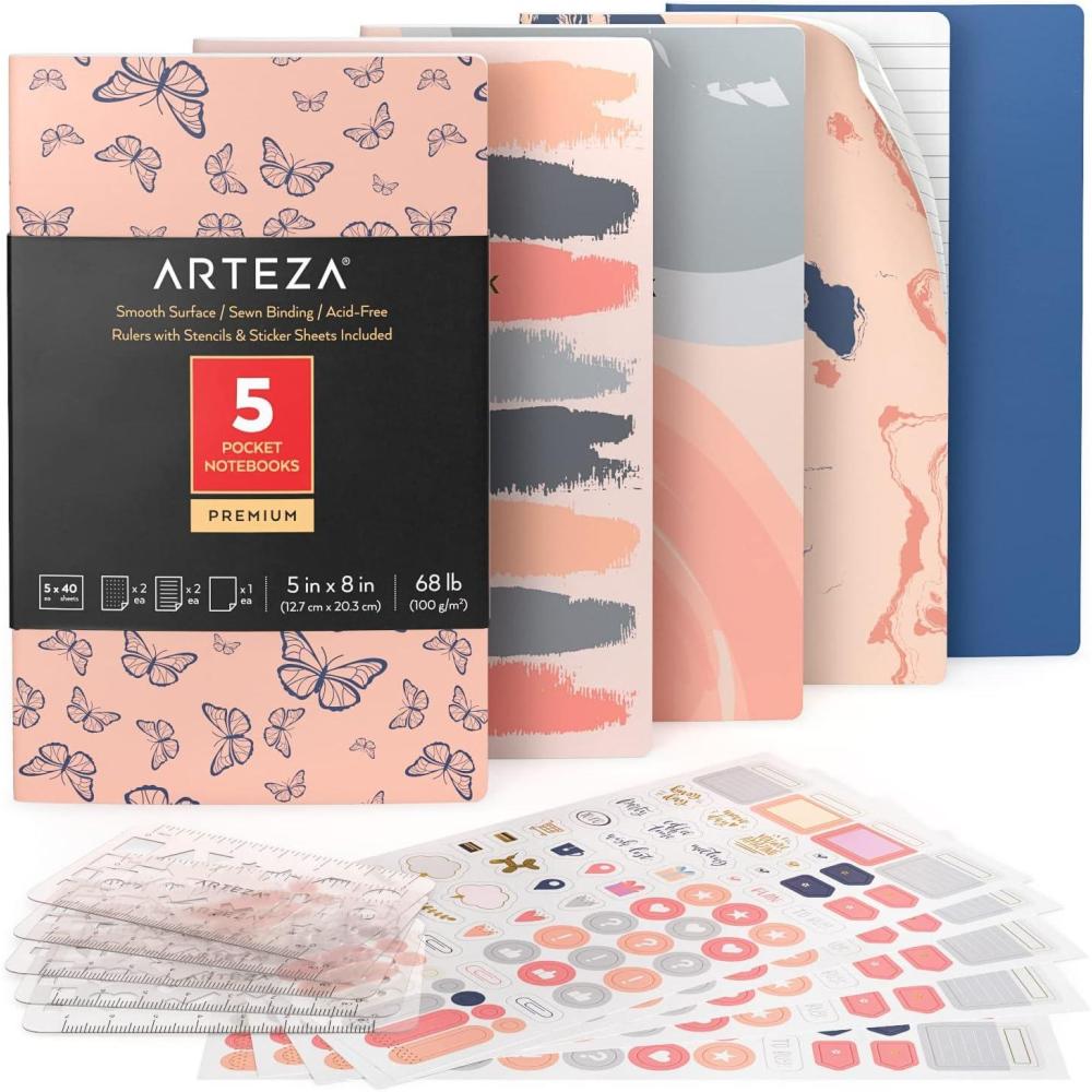 ARTEZA Pocket Notebooks, 5 x 8 Inches, Set of 5, 40 Sheets Each, Abstract Design, 2 Ruled, 2 Dotted and 1 Blank Softcover Journal with Smooth Paper(Butterfly Designs)