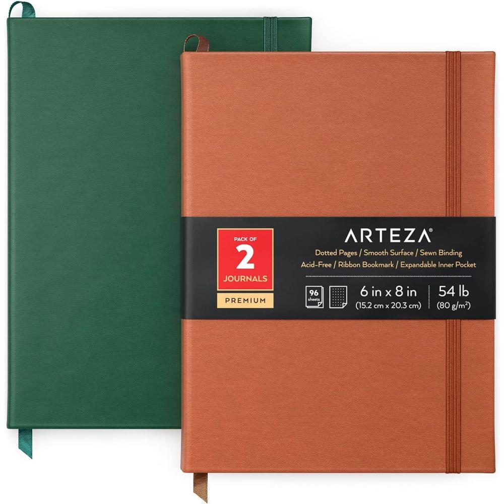 ARTEZA Dotted Journals, Pack of 2, 6×8 Inches, 96 Sheets, Cobalt Blue and Gray, Hardcover Notebooks with Smooth Paper(Hunter Green & Saddle)