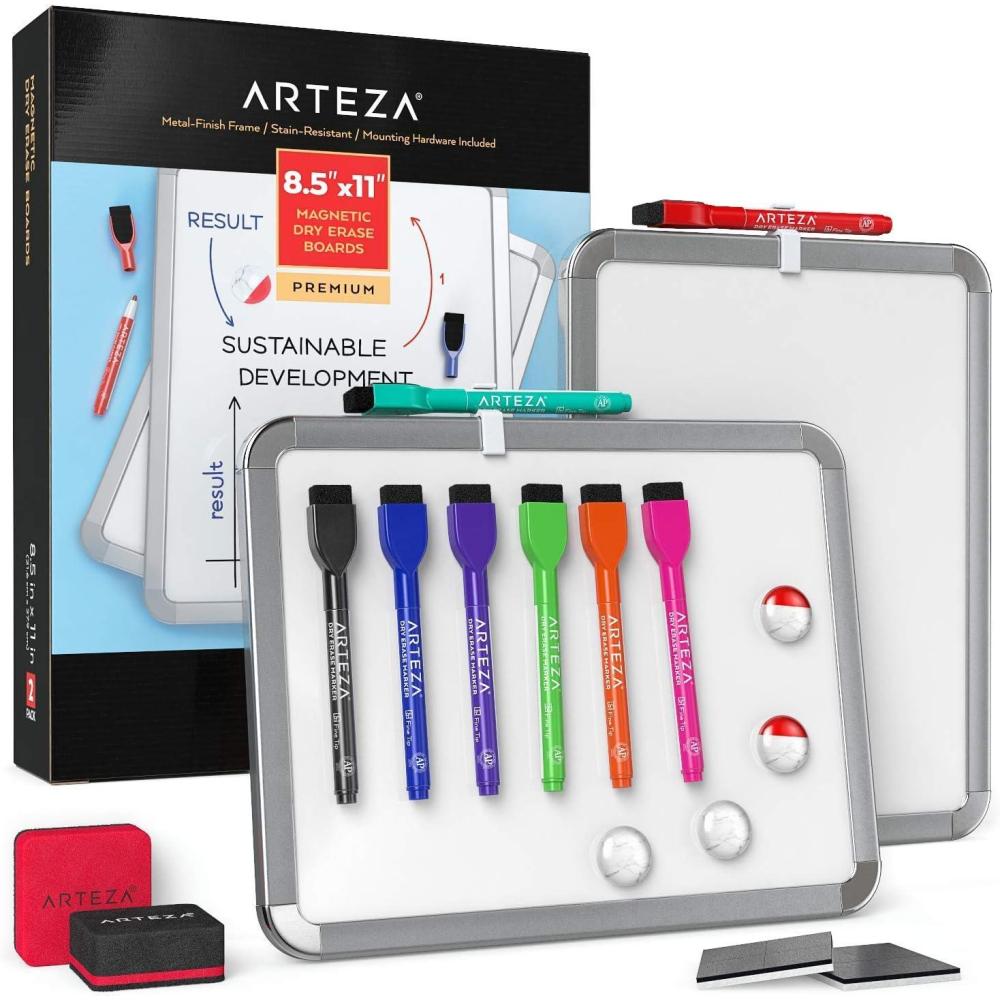Arteza Framed Magnetic Cork Whiteboard Set, 12×14 inches, 2-Pack Dry Erase Lap Boards with Push Pins, Markers & Magnets, Office & Back to School Supplies for Home, Classroom, Students, Brainstorming(8.5×11 inches)